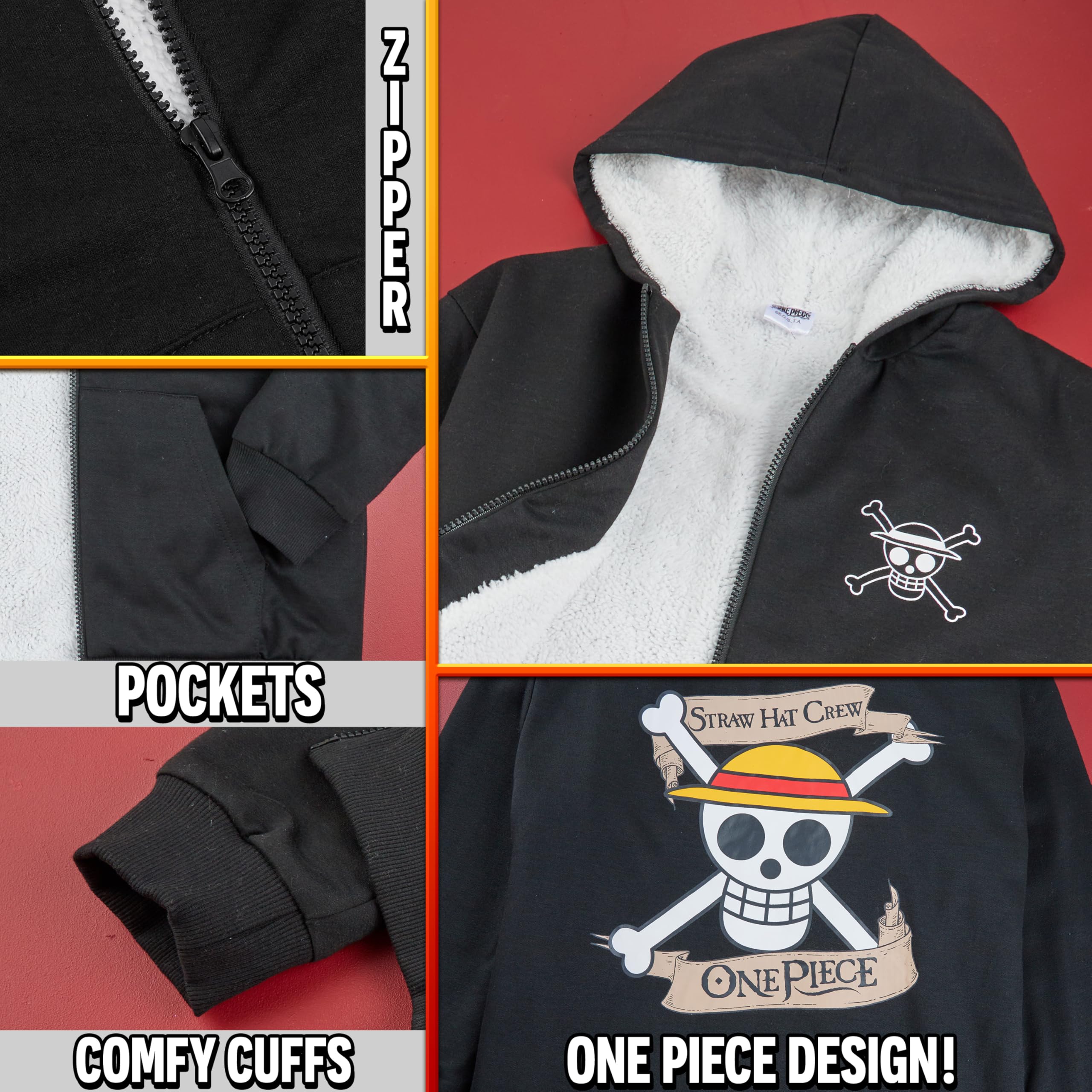 One Piece Sweat à Capuche Enfant et Ado 9-16 Ans, Sweat Zippé Sherpa Polaire Chaud Noir, Hoodie Manga Cosy Cadeau Garçon