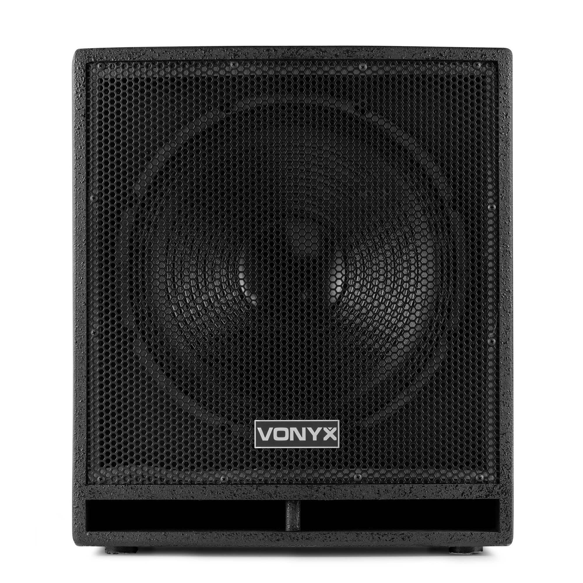 VONYX SWP15 Caisson de Basse Actif 800W, Phase Réglable, Entrée/Sortie XLR + RCA, Amplificateur Intégré, Insert sur la Face Supérieure pour Enceinte Active, Grave 15", Idéal pour DJ Mobile