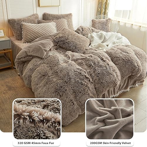 Miniatura 5 de LIFEREVO - Juego de funda de duvet lujosa de felpa (1 funda de duvet de piel sintética + 2 fundas de almohada decorativa con borde de pompones),