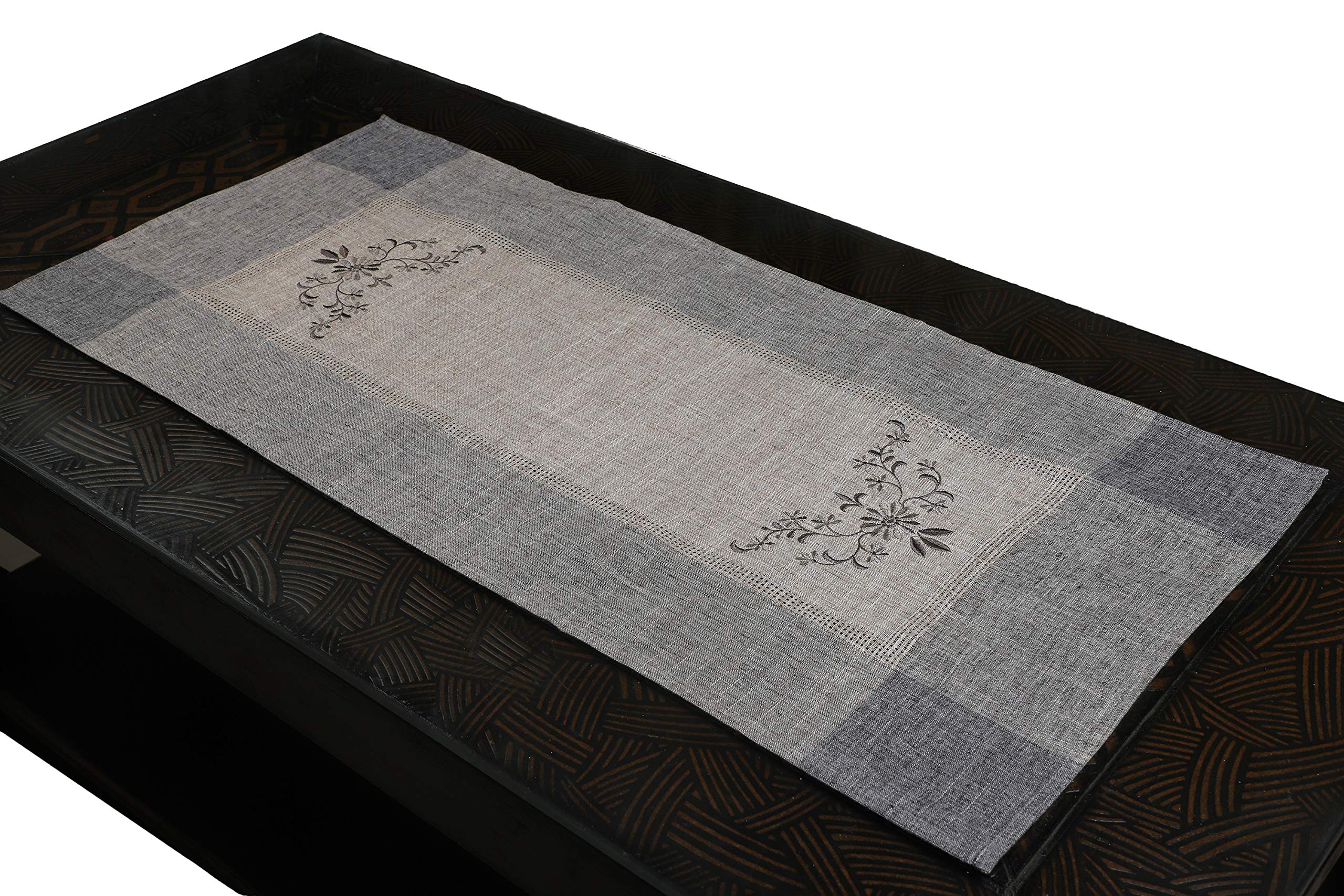 MONKDECOR(O.F) Linen Embroidery Centre Table Runner (Size-16x33 Inches)-Grey Color