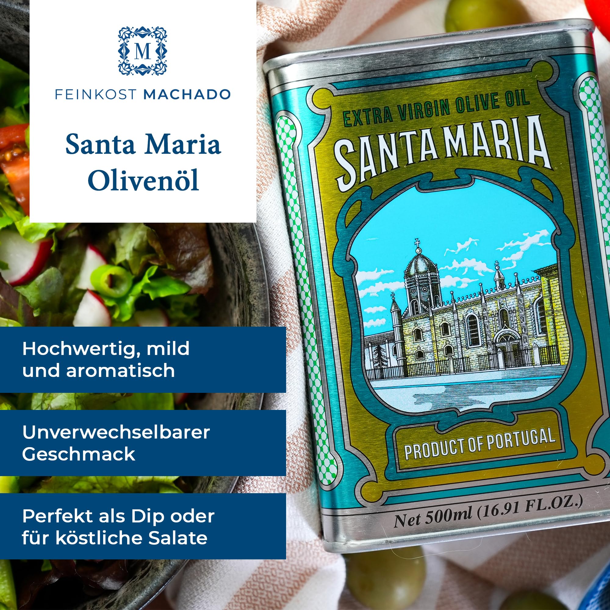 Feinkost Machado Olivenöl 6x 500ml (je 2x) – Probierset | Natives Olivenöl Extra aus Portugal (Triunfo, Santa Maria, Saloio) | Hochwertiges Olivenöl für Salate, Kochen, Braten & mediterrane Küche