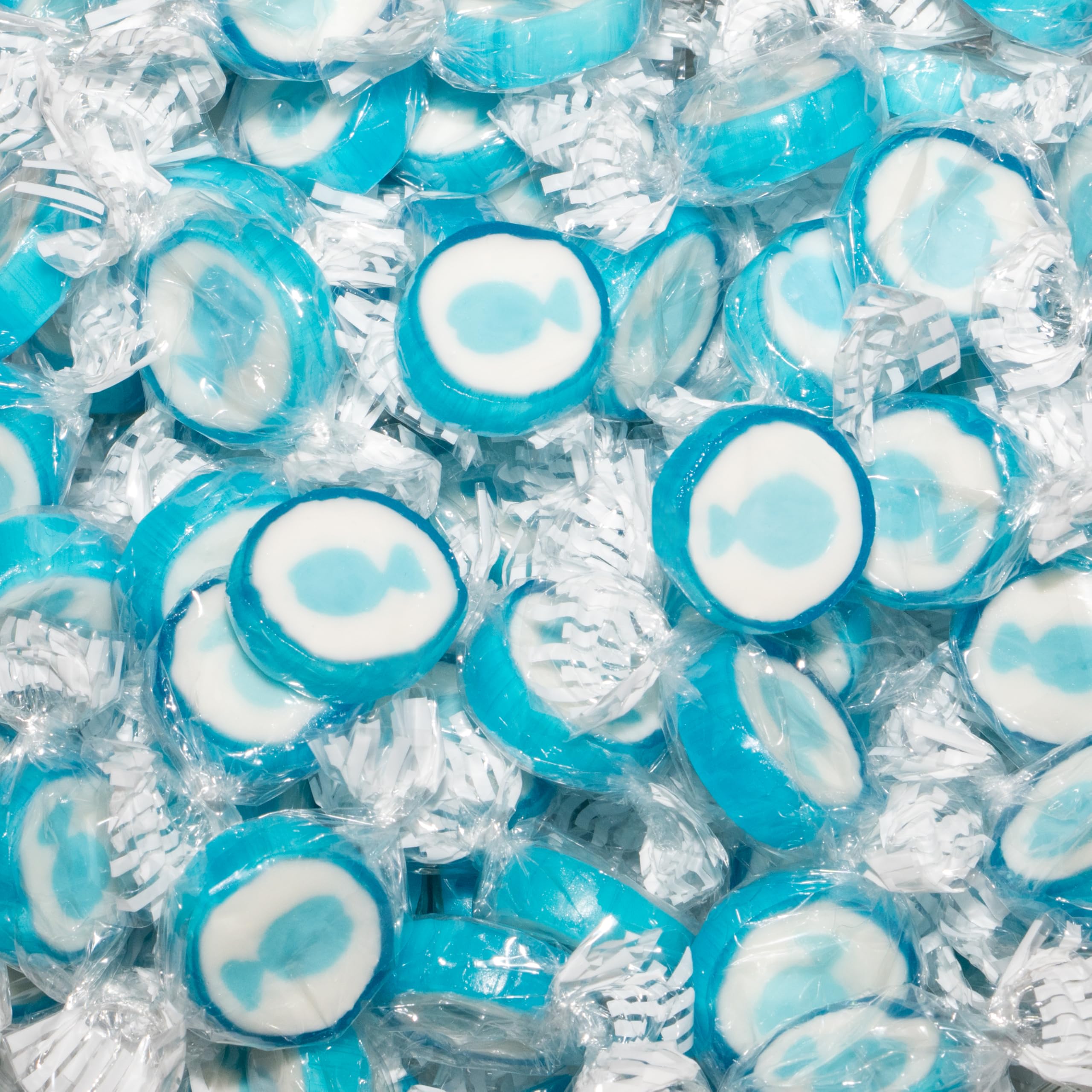 Fisch-Bonbons zur Taufe Kommunion Party Hochzeit 500g - handgewickelte Rocks-Bonbons mit blauem Fisch-Motiv - Tischdeko Mediterran Gastgeschenk