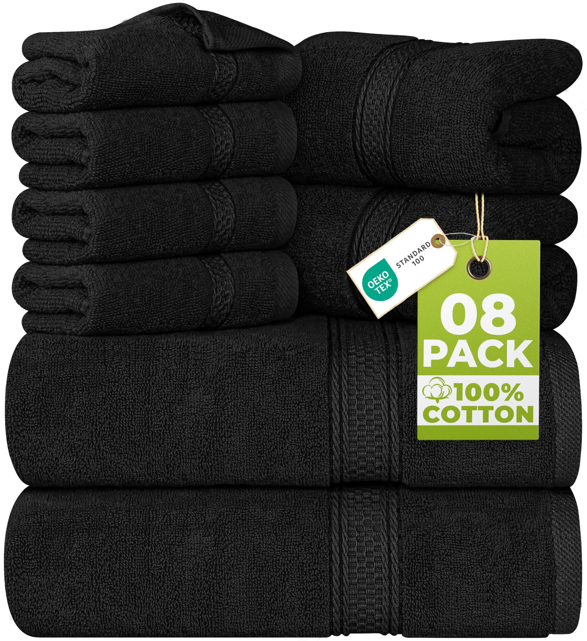 Utopia Towels 8 Piece Luxury Towel Set – Majestic Plush, Super Absorbent & Quicker-to-Dry, Thick 100% Ring Spun Cotton Towels for Bathroom, Spa & Hotel – 2 Bath, 2 Hand, 4 Washcloths, Black