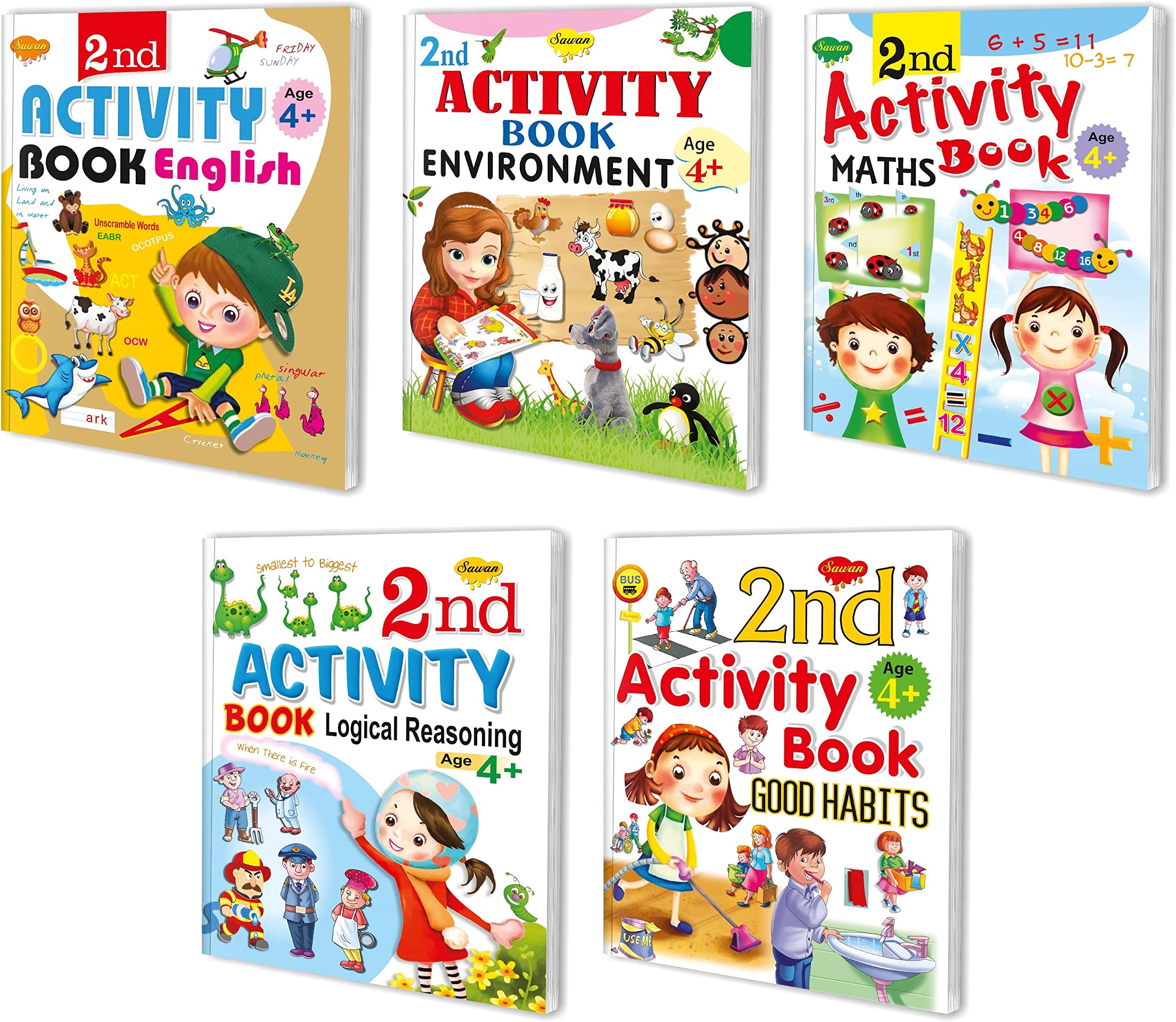 Sawan Set of 5 activity books 2nd Activity for 4+ (English,Enviroment,Logical Reasoning,Maths & Good Habbits) [Perfect Paperback] Sawan