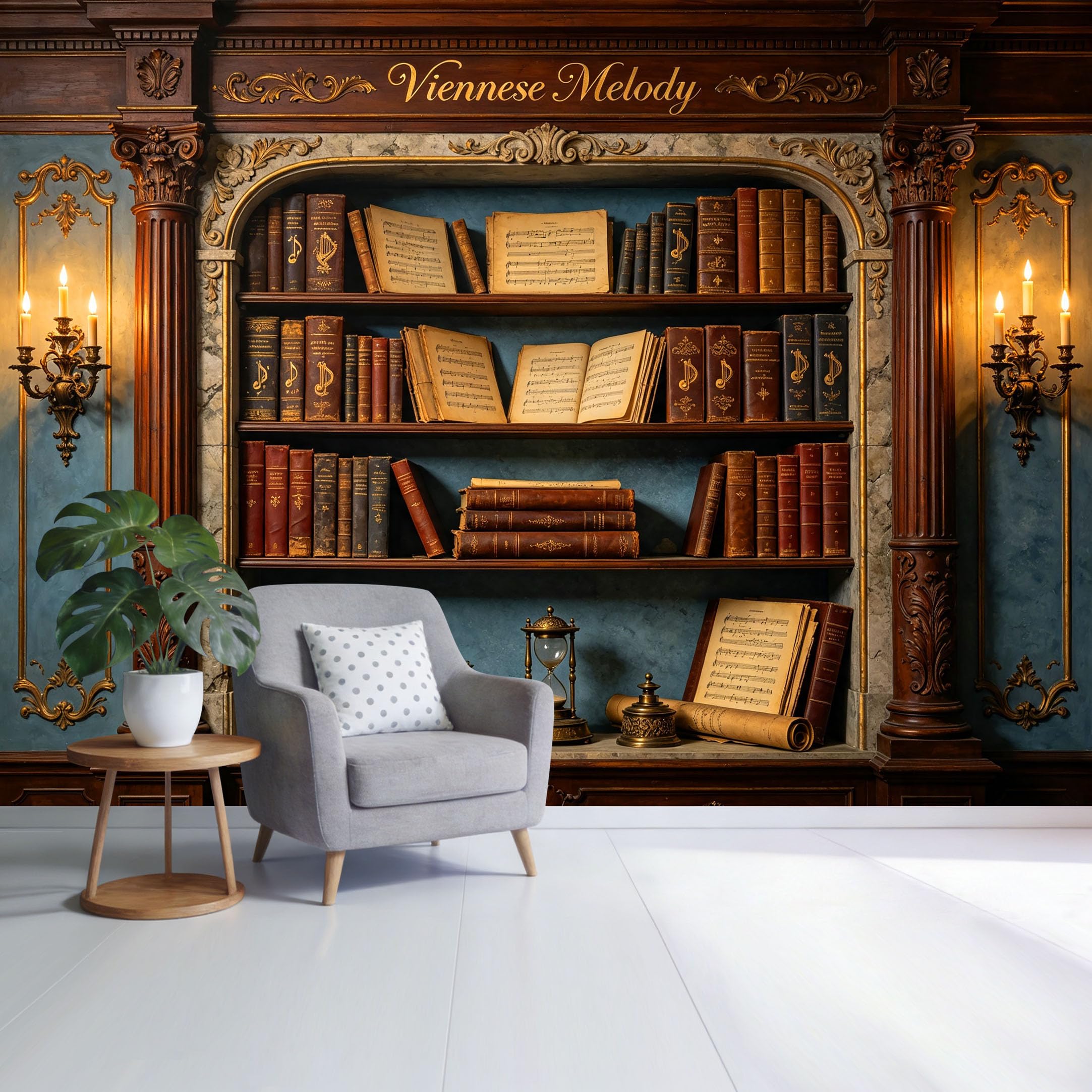 Custom Size Wall Mural Vintage Library Bookshelf Music Sheet Trompe L'Oeil Removable Self Adhesive Fabric Home Wall Decor for Living Room Bedroom Bathroom