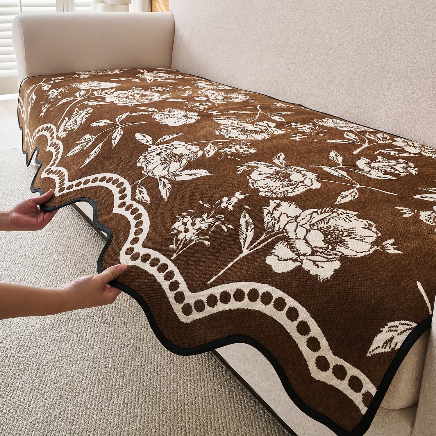 HOKIPO Chenille Sofa Cover Mat with Curvy Edges for 1/2/3 Seater & L Shape Sofa | Make Your Own Sofa Cover Set, 'Retro Curves Series' Sofa Mat, 90(W) x 220(L) cm, Walnut Brown (AR-6597-BRN)-image-29