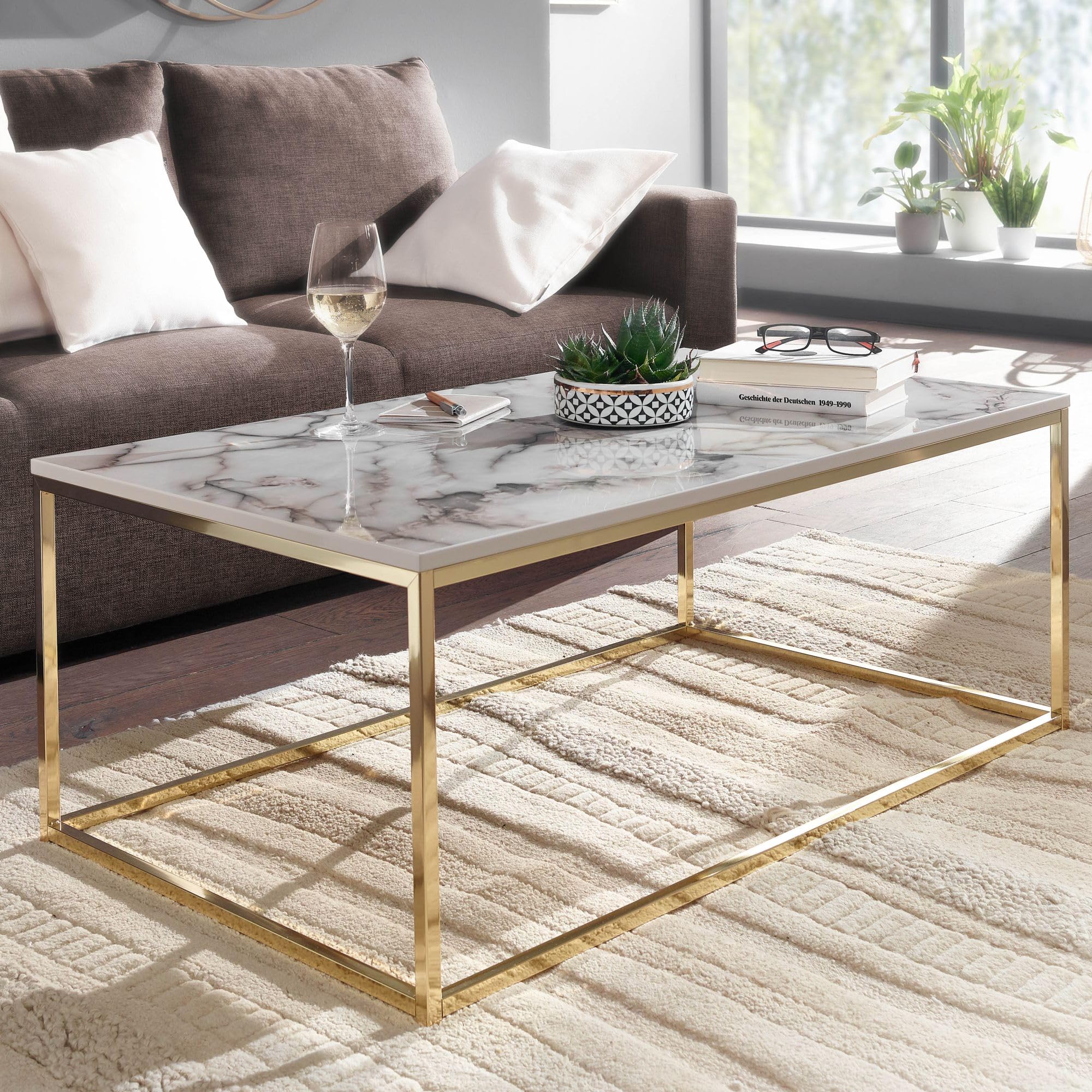 FineBuy Couchtisch 100x60x40 cm Weiß Marmor-Optik, Goldgestell | rechteckiger Wohnzimmertisch pflegeleicht, Sofatisch mit sicherem Stand, Loungetisch für Deko