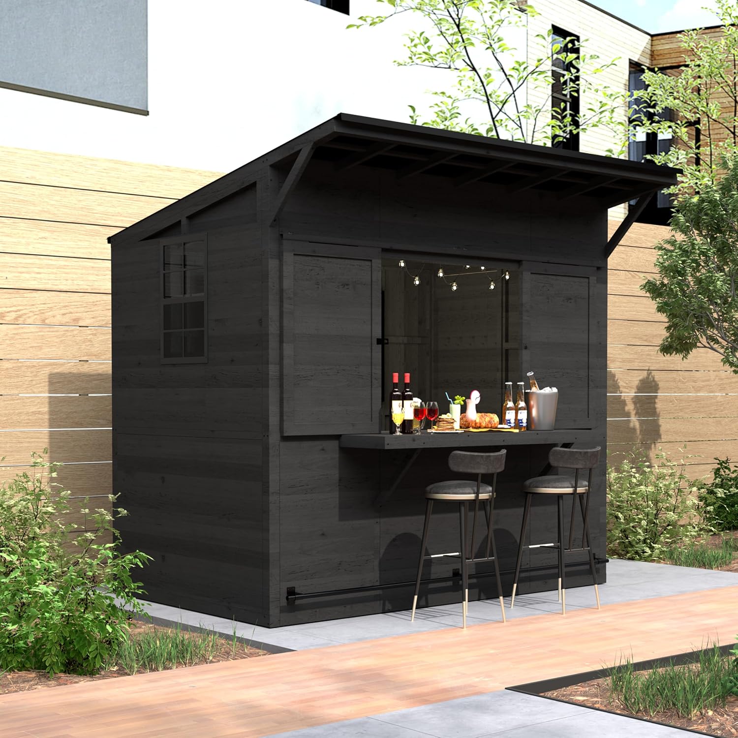 MUPATER 8 x 5 FT Wooden Bar Shed with Metal Roof, Backyard Patio Bar with Slide Front Panels, Outdoor Storage Shed with TV Bracket, Bar Top & Lockable Door, Black