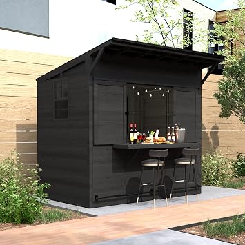 MUPATER 8 x 5 FT Wooden Bar Shed with Metal Roof, Backyard Patio Bar with Slide Front Panels, Outdoor Storage Shed with TV Bracket, Bar Top & Lockable Door, Black