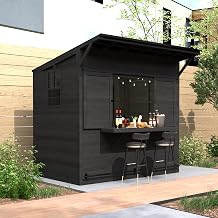 MUPATER 8 x 5 FT Wooden Bar Shed with Metal Roof, Backyard Patio Bar with Slide Front Panel, Outdoor Storage Shed Farm Stand with TV Bracket, Bar Countertop & Lockable Door, Black