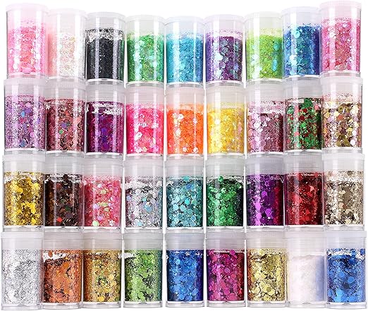 Chunky and Fine Glitter Mix, Estanoite 36 Colors Chunky Sequins & Fine Glitter Powder Mix, Cosmetic Makeup Flakes for Face Body Eye Nail Art Resin Epoxy