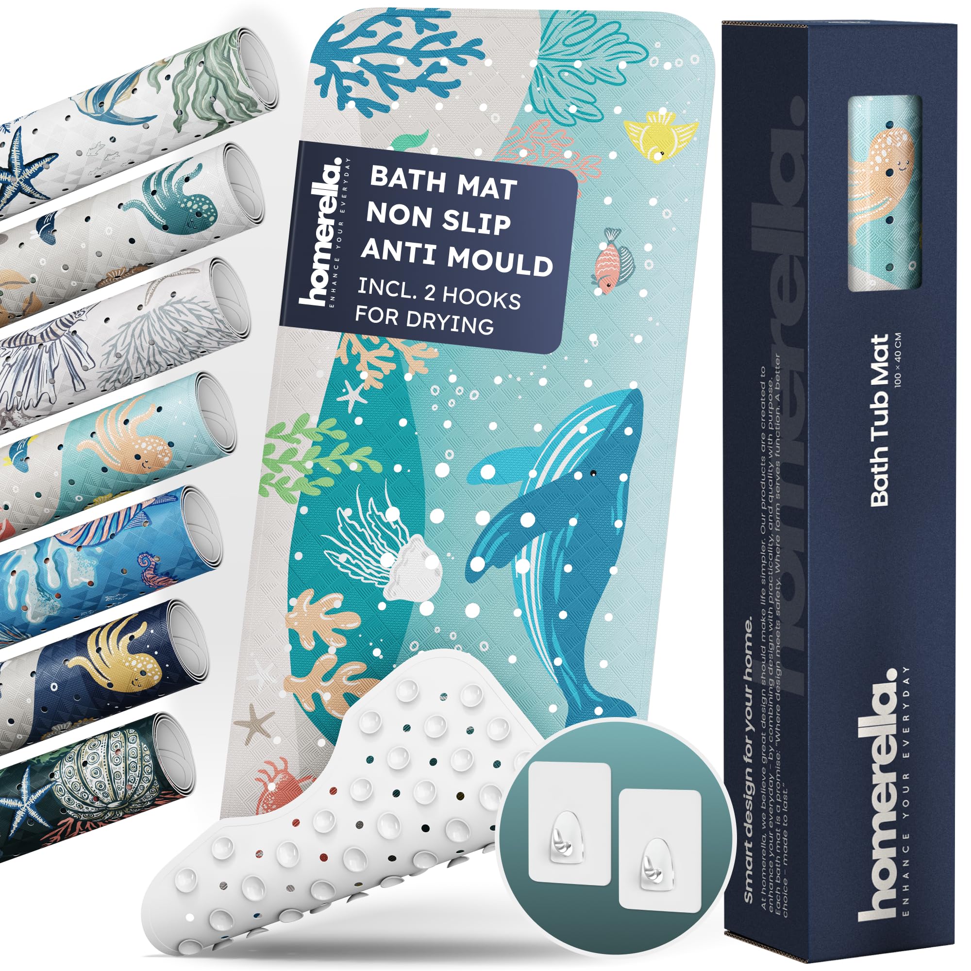 Homerella Bath Mat Non Slip Anti Mould Kids 100x40cm INCL. 2 HOOKS - Anti Slip Bathtub Mat Machine Washable, BPA free, Toddler Non Slip Bath Mat for Inside Bath Tub - Caribbean sea