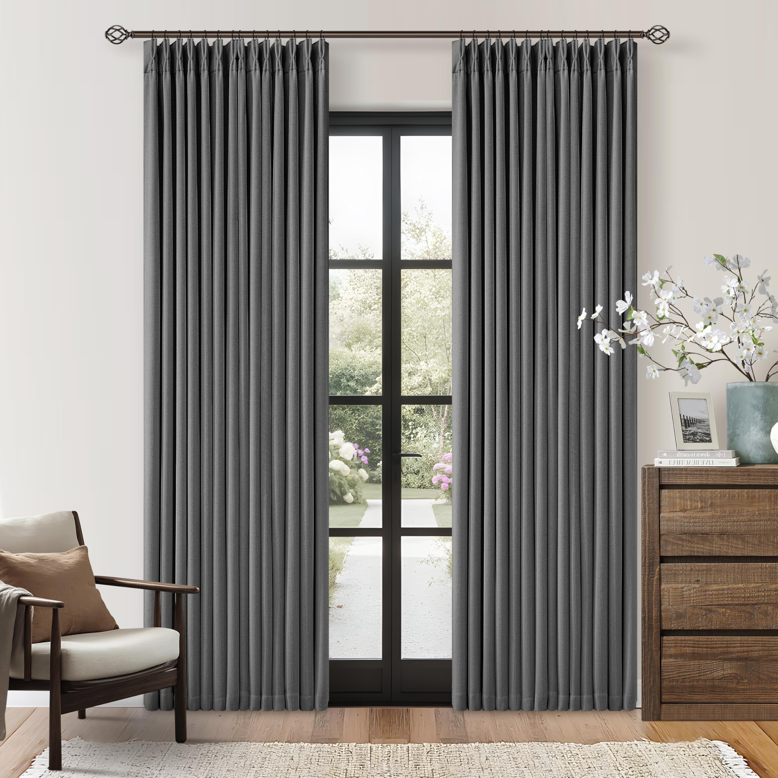 Dark Grey Pleated Thick Linen Blackout Curtains 80 Inches Long with Liner
