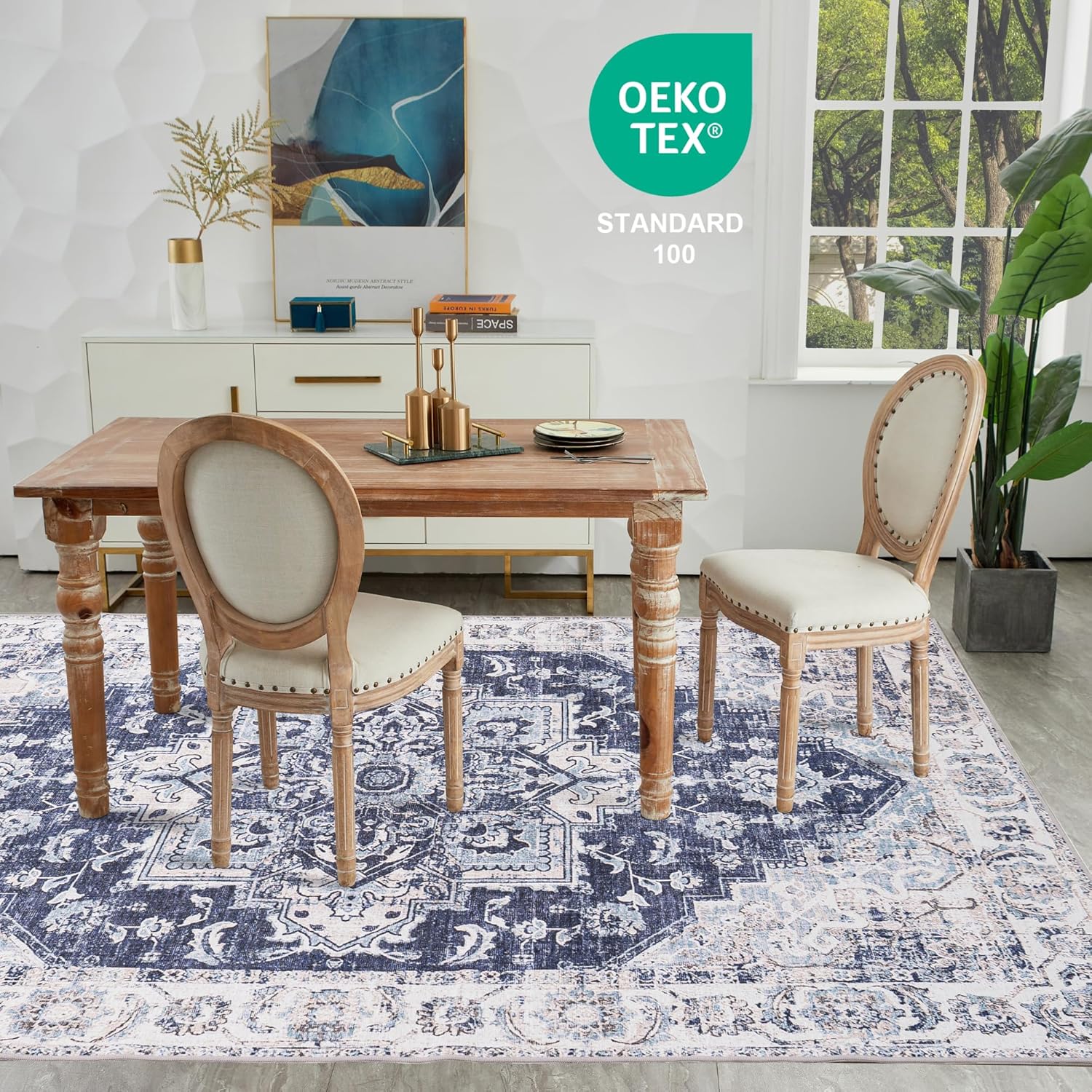 Auemtyn Washable Area Rug 4x6, Blue Rug for Living Room, Non Slip Low Pile Carpet for Bedroom, Entryway (Vintage Blue, 4'x6')