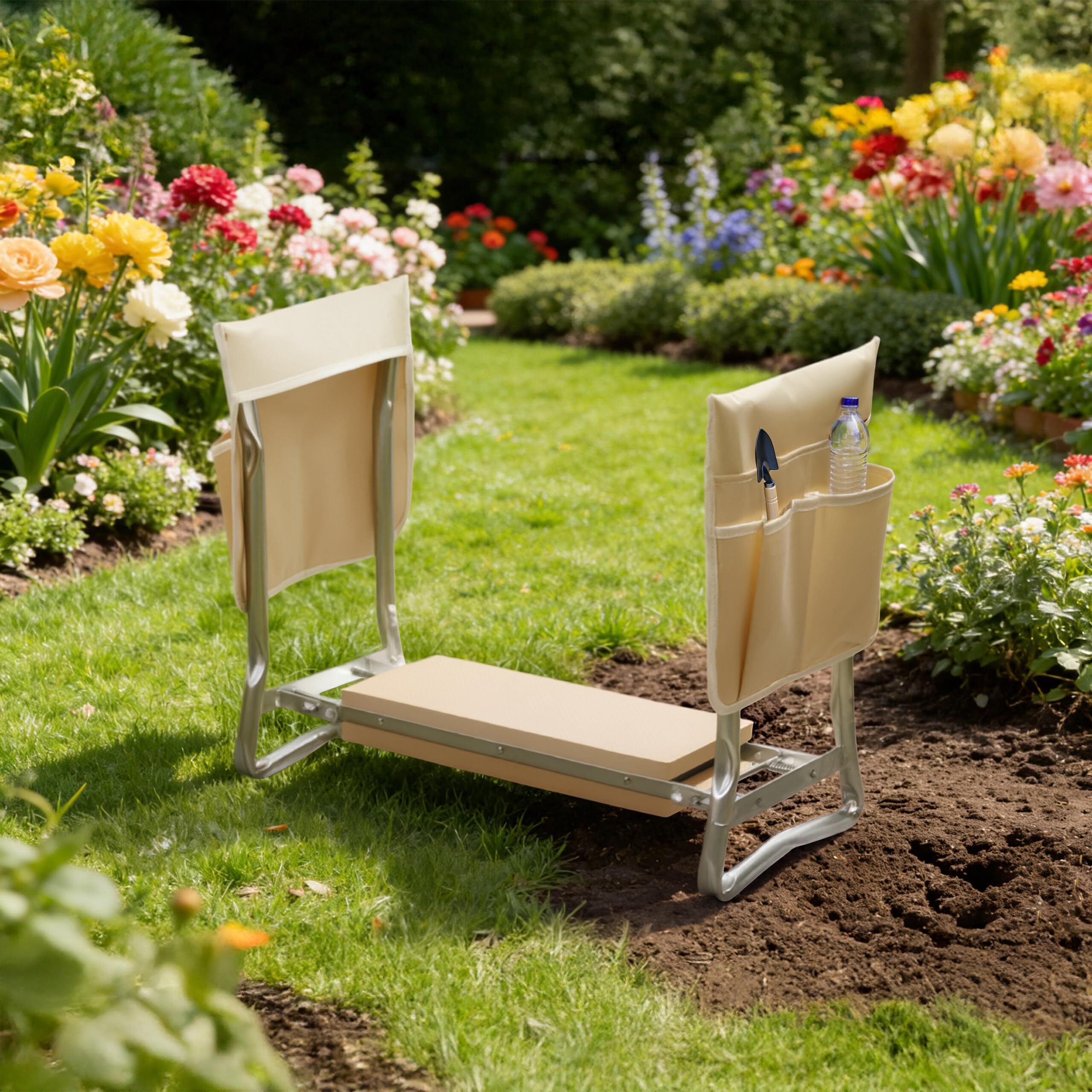 Relaxdays Panca per Giardinaggio 2-in-1, Pieghevole, Imbottita, con Tasche, Ginocchiera e Seduta