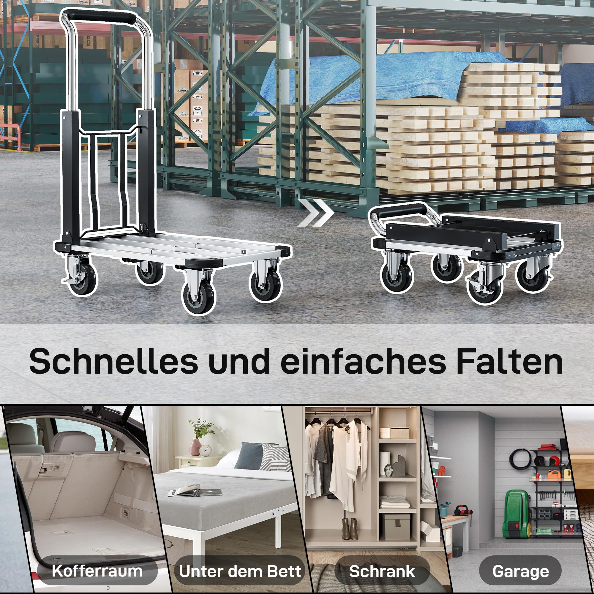 HOMCOM Wózek platformowy, składany, 150 kg, z hamulcem postojowym, kółka skrętne, kolor srebrny | Wózek transportowy, wózek ręczny, wysuwana platforma, regulowany uchwyt, pomoc transportowa, wózek paczkowy