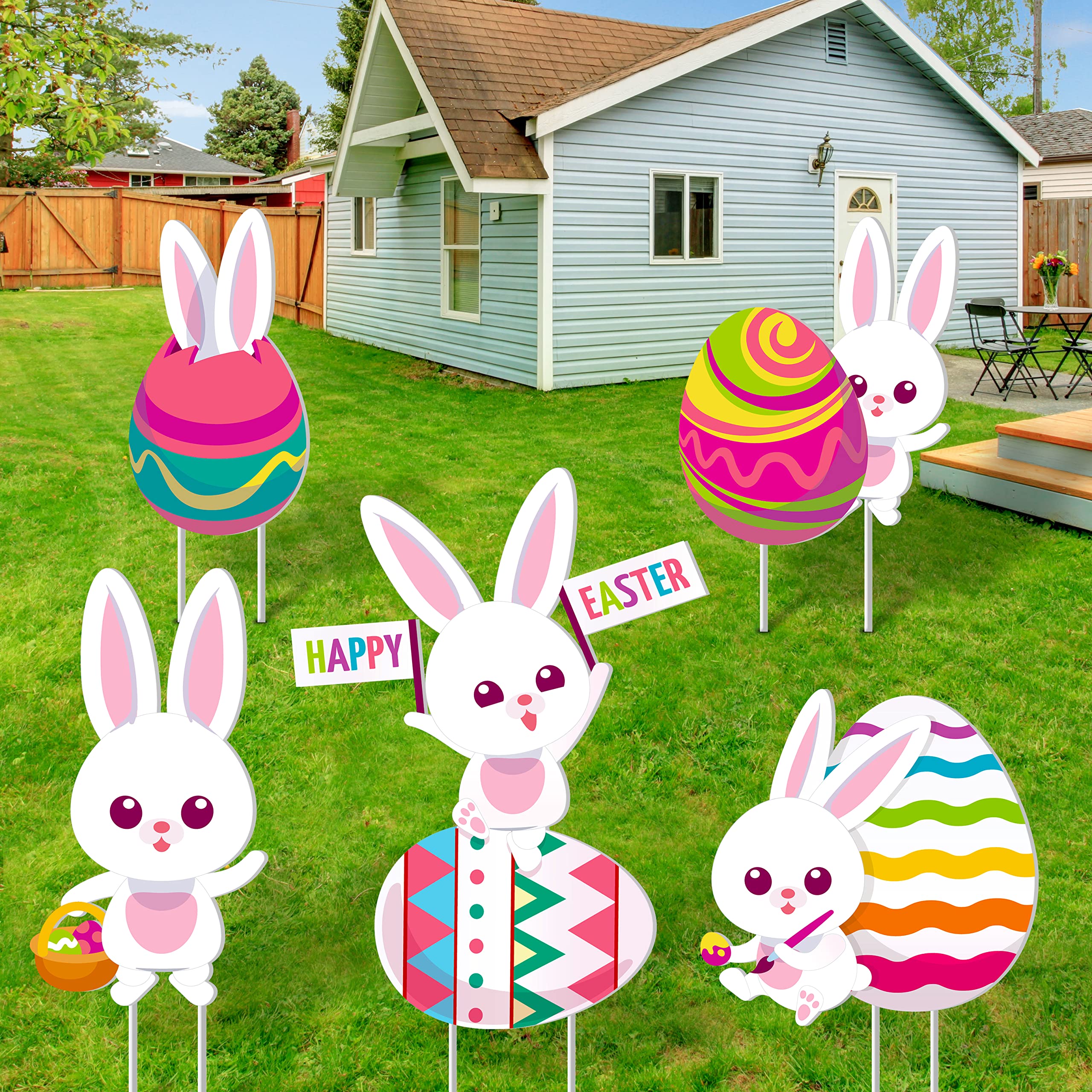Easter Decorations Outdoor Easter Yard Signs,Easter Outdoor Decorations Easter Eggs, Bunny, Easter Yard Stakes Bunny for Holiday Lawn, Yard, Garden.(5PCS)