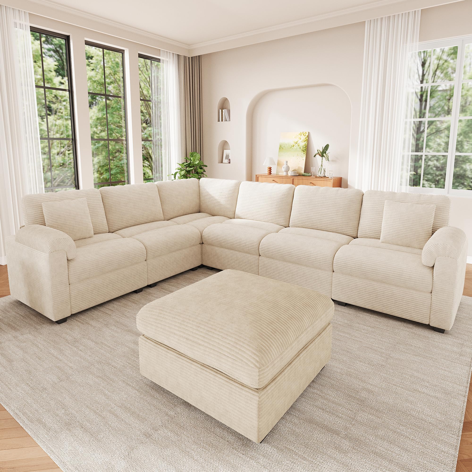 Sapgaks Sofá Convertible de 7 plazas en U/L con Pufs Móvil, Sofá de esquina grande Convertible de pana con cojines, Sofá Modular Multifuncional en el Salón Appt, Beige