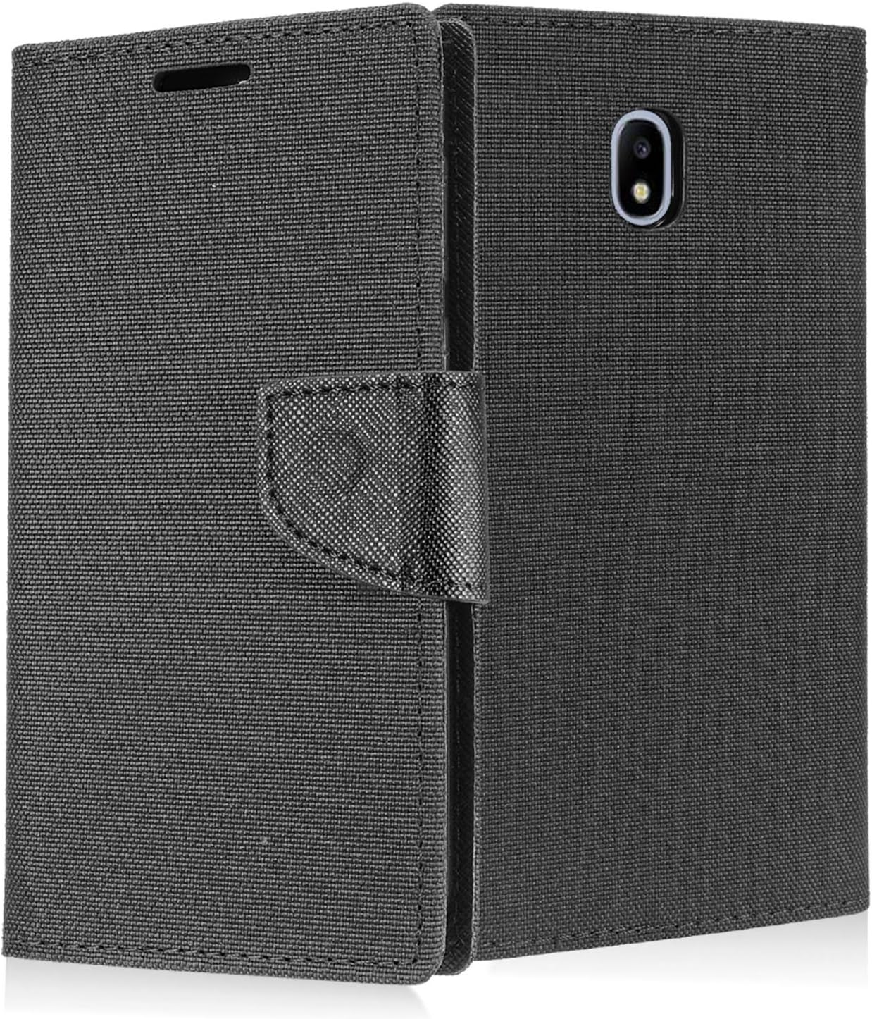 Z-GEN - Galaxy J3 2018 J3 Star/Achieve/Aura/Orbit, Sol3, Express Prime 3, Amp Prime 3, J3 V J3V 3rd Gen J337 - Denim Flip Wallet Case for Samsung + Tempered Glass Screen Protector - Black