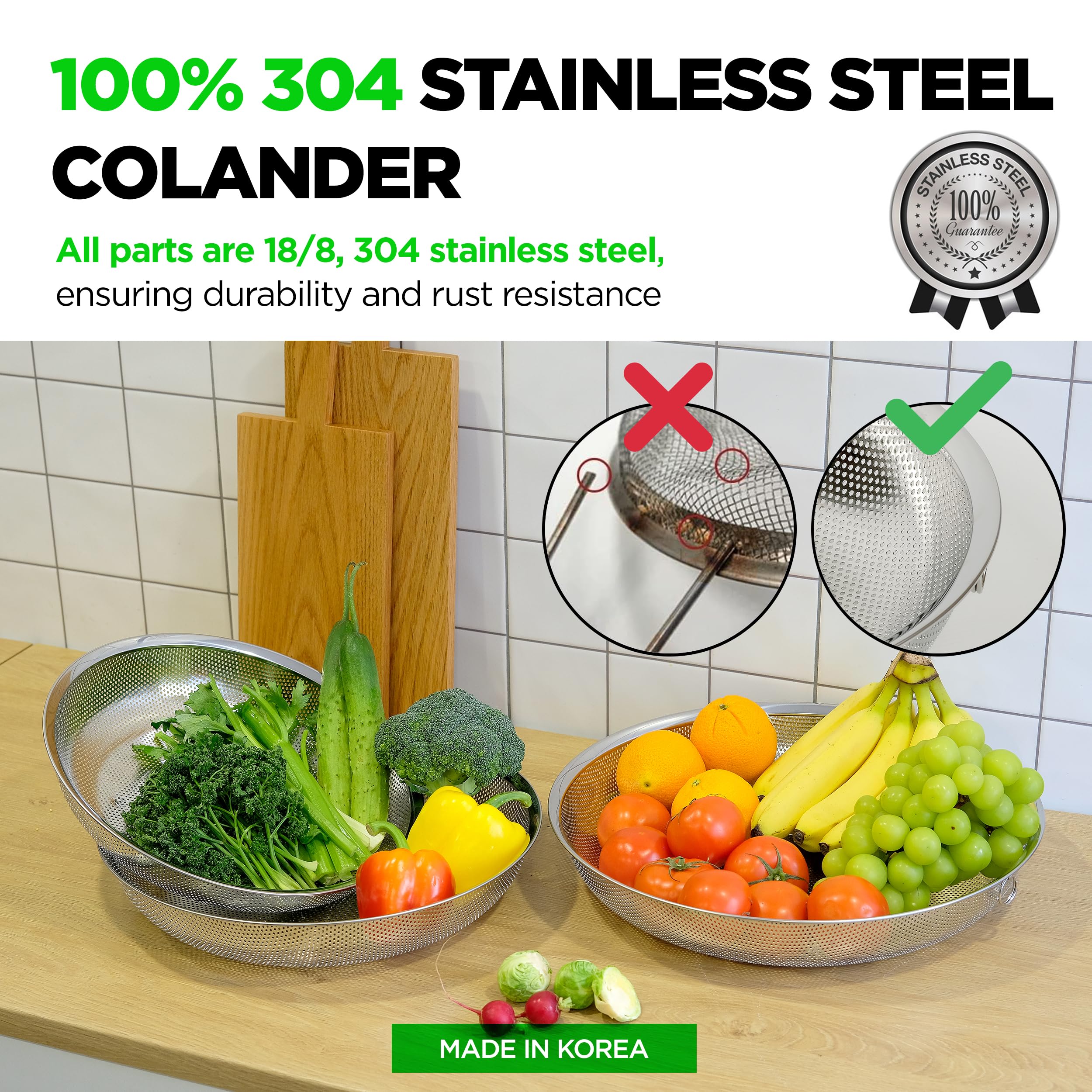 Lot de 3 passoires en acier inoxydable 18/8 304 - Passoires et plateau micro-perforés - 5,5 à 7 à 10 litres - Base solide auto-drainante pour pâtes, fruits, légumes, fabriqué en Corée COMPORT K