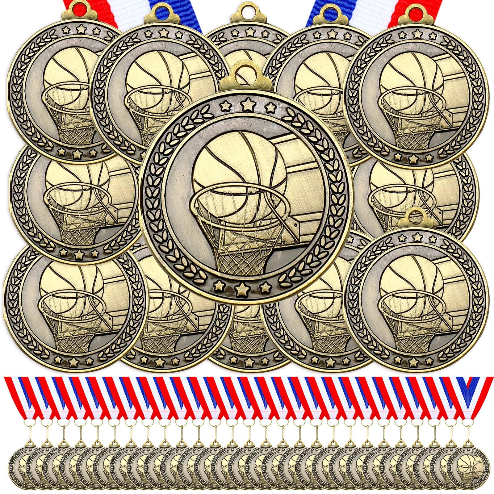 Remuuly 60 medallas de oro de 5 cm para fútbol, béisbol, voleibol, fútbol, porrista, premios de metal, premios a granel con cintas para el cuello, premios de trofeo, regalos para competiciones