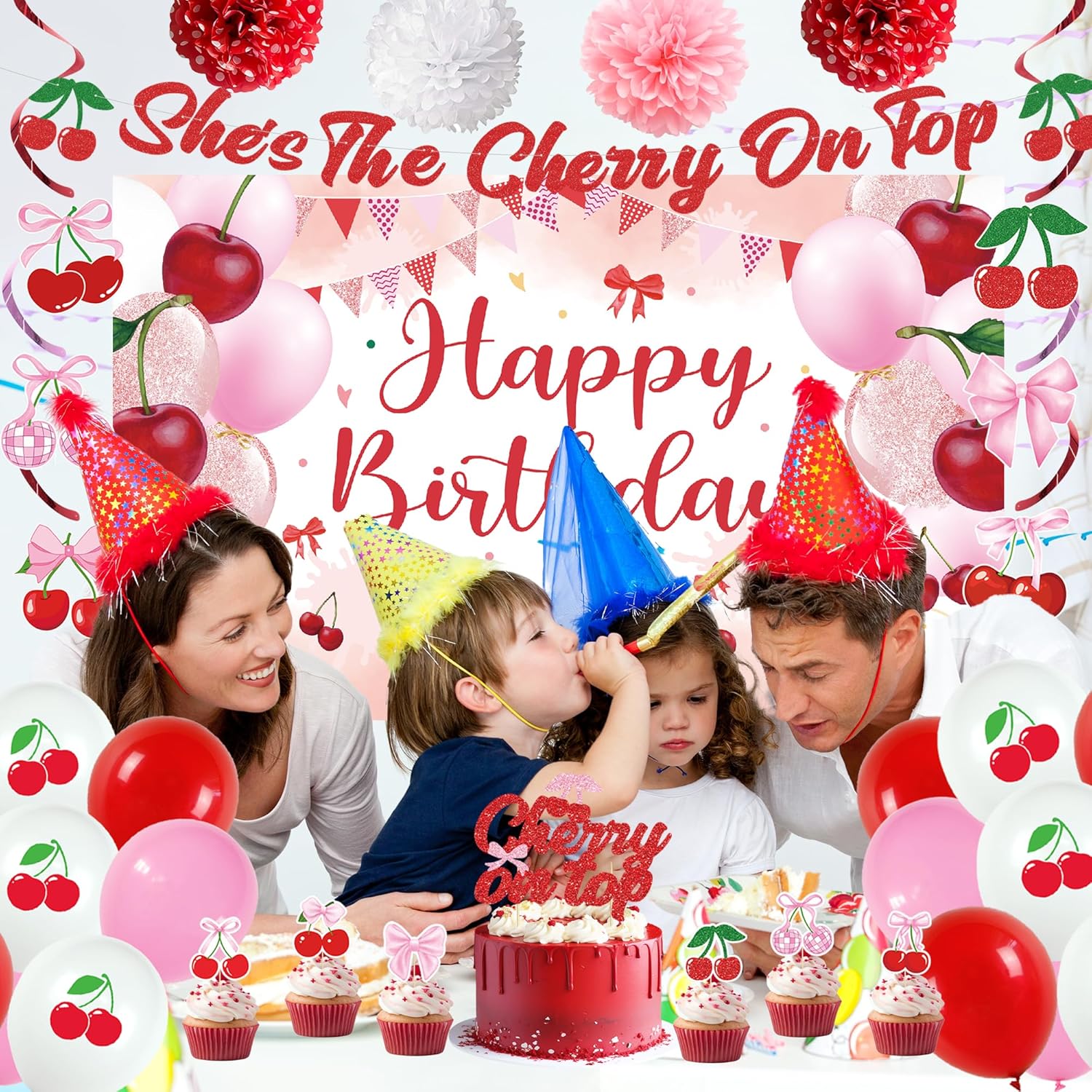Crenics Cherry Birthday Decorations - Happy Birthday Backdrop, She's The Cherry on Top Banner, Paper Pom Poms, Hanging Swirls, Cake Toppers and Balloons for Girls or Women Party Supplies