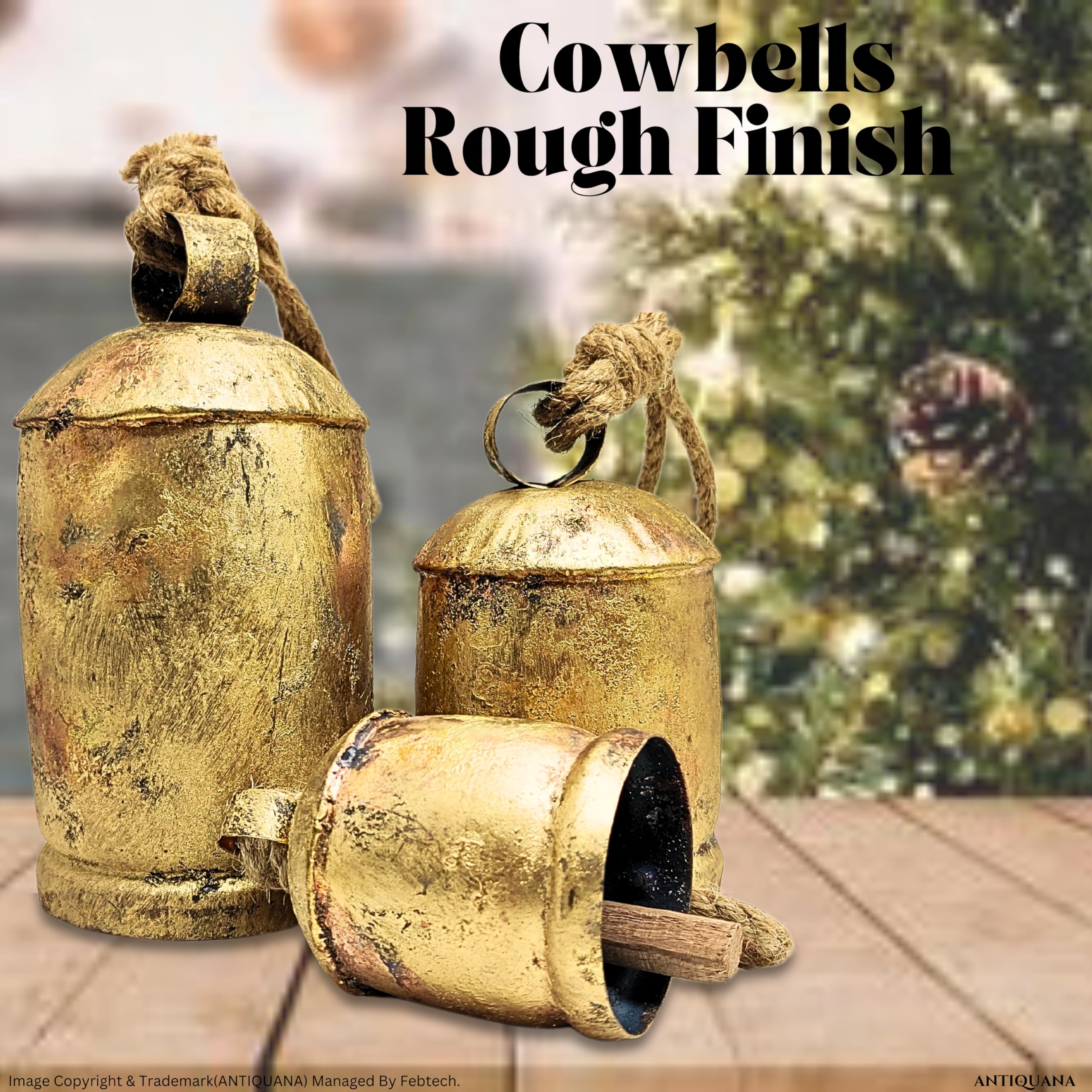 Shabby Chic Vintage Bell Brass Coated Country Style Rustic Bell Wall Hanging Harmony Giant Cow Bells Lucky Charm Christmas Bell (Harmony Bell Set of 3)
