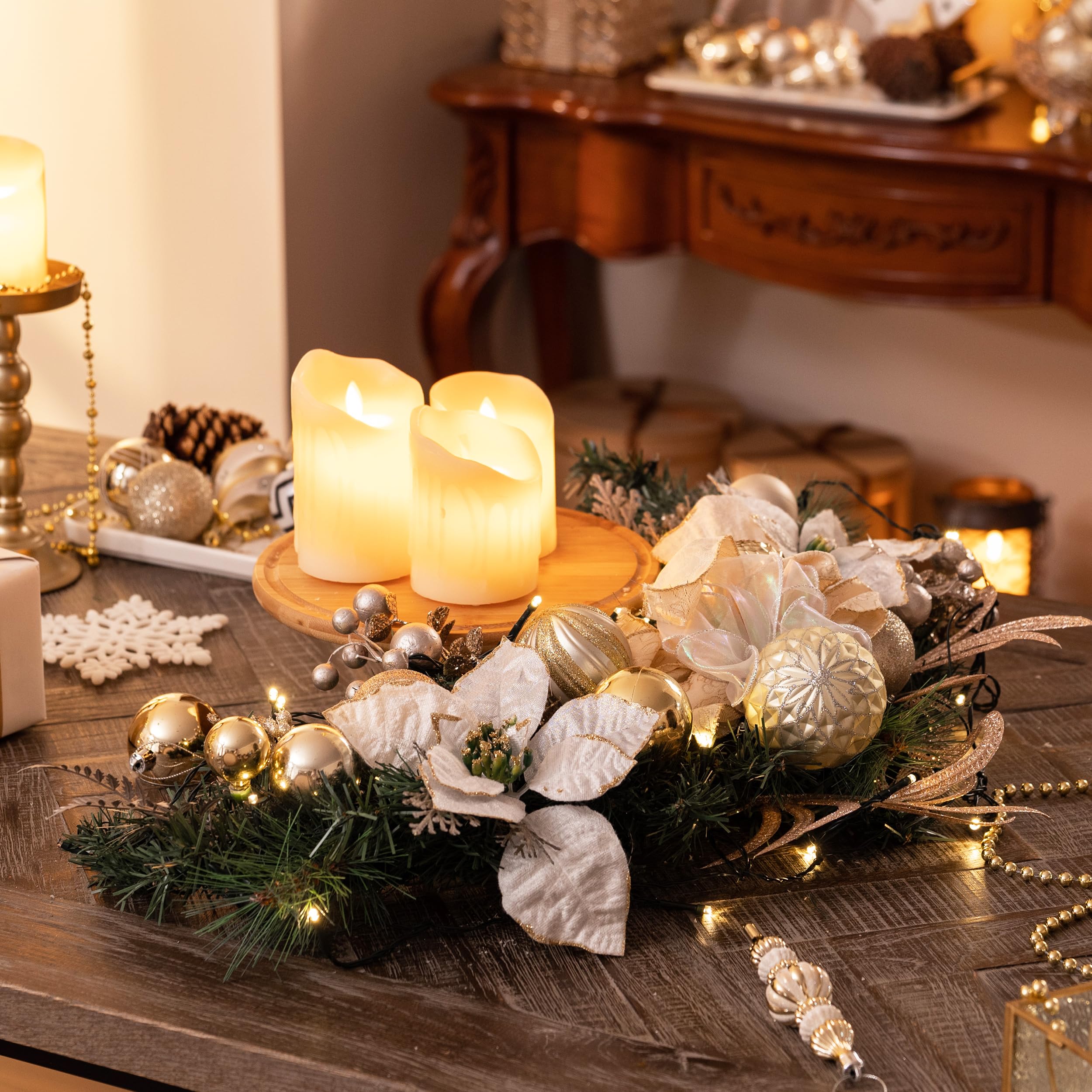 Valery Madelyn Pre-Lit Christmas Swag Outdoor, 24 Inch Mailbox Christmas Decorations Swag Teardrop for Front Door Stairs Railing Window Xmas Decor with 20 LED Lights White Gold Ball Ornament