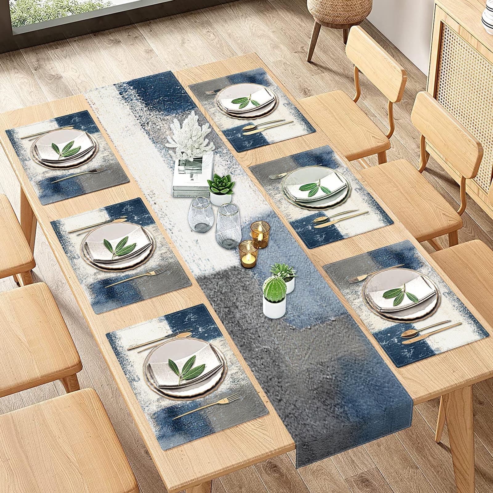 ArtSocket Farmhouse Table Runner and Placemats Set of 6, Abstract Blue and Grey Painting Art Dining Table Decor for Daily Use(1 Table Runner 72 inches Long and 6 Placemats)