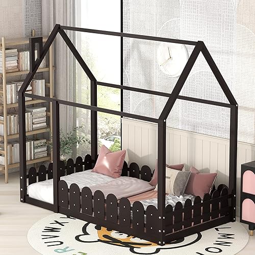 Harper & Bright Designs Cama de casa individual para niños, marco de cama de suelo con techo y valla, necesita somier, para niños pequeños, niños,