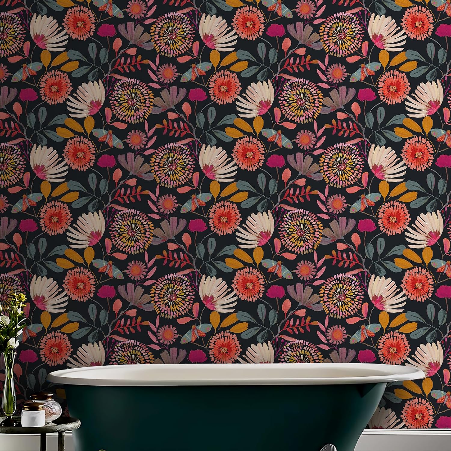 Wallpaper Peel and Stick Floral Wall Paper Removable Waterproof Navy/Pink/Orange Contact Paper for Bedroom, Bathroom, Home Wall 17.3" x 393.7"