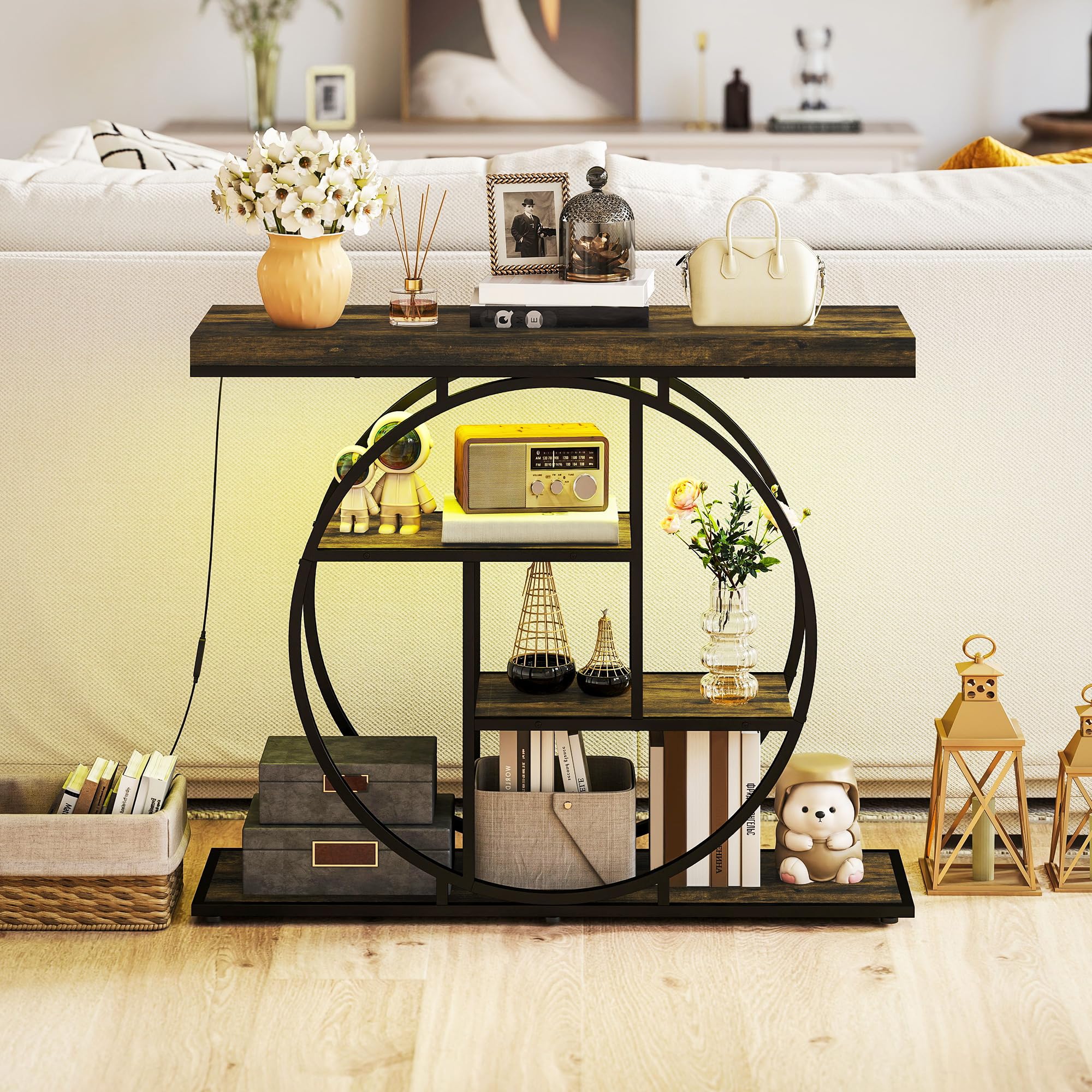 HOMCOM Console meuble avec éclairage LED musique sync 100 cm, table console 4 niveaux, étagères ouvertes, cadre rond en acier, table d'entrée, salon, couloir, style industriel, marron rustique et noir