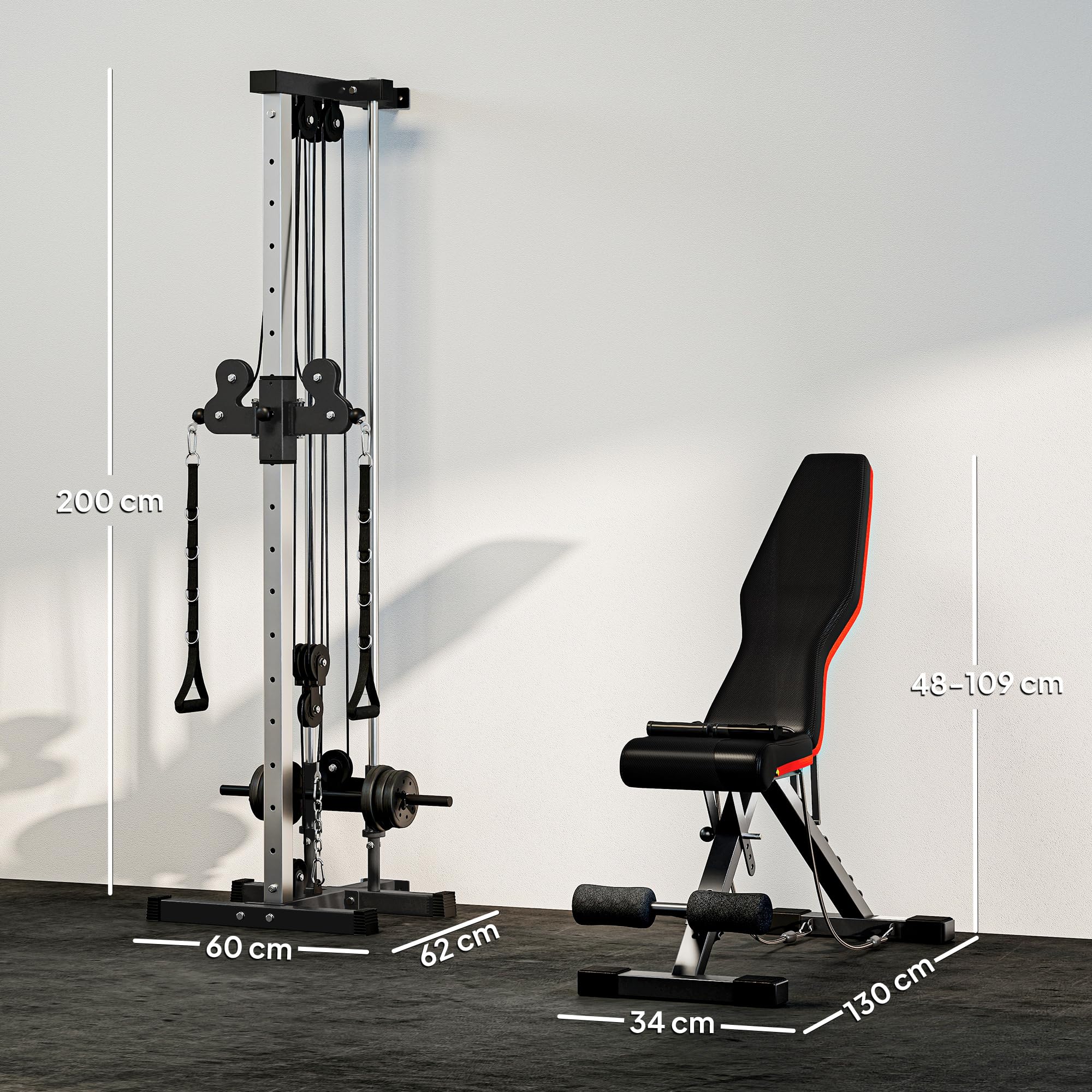 SPORTNOW Station à Poulie Murales 15 Positions + Banc de Musculation Pliable, Ensemble Gym Complet pour Haut du Corps et Abdos, avec Coussin Rembourré, 62x60x200cm, Noir