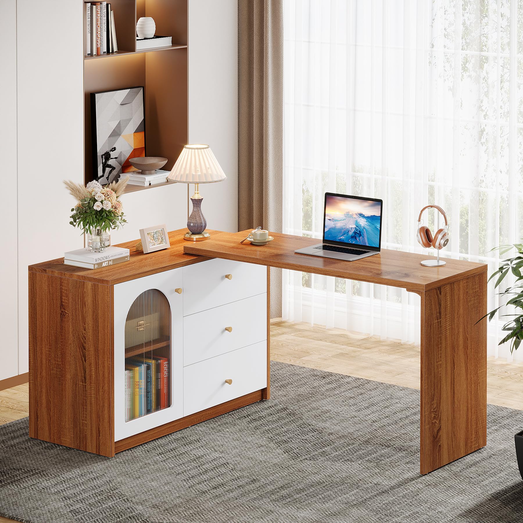 Tribesigns L Shaped Computer Desk with Drawers, Modern Corner Home Office Desk with Reversible Storage Cabinet, Long Study Writing Desk Workstation for Home Office, Rustic Brown