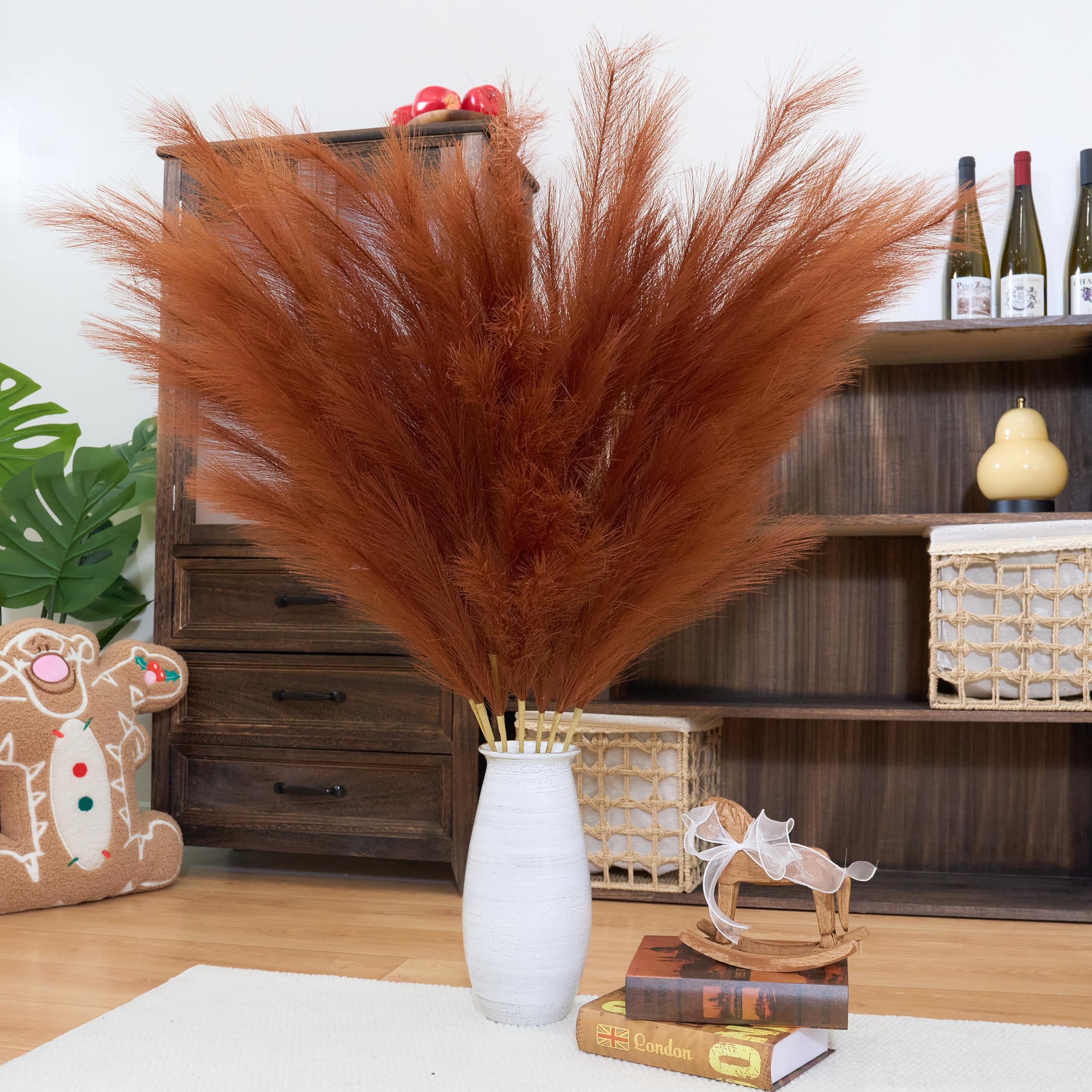 Erba della pampa in finto caramello marrone, decorazione alta, 8 pezzi, 110 cm, grandi pompon floreali, soffici fiori artificiali con piume lunghe, per matrimoni, camera da letto e soggiorno