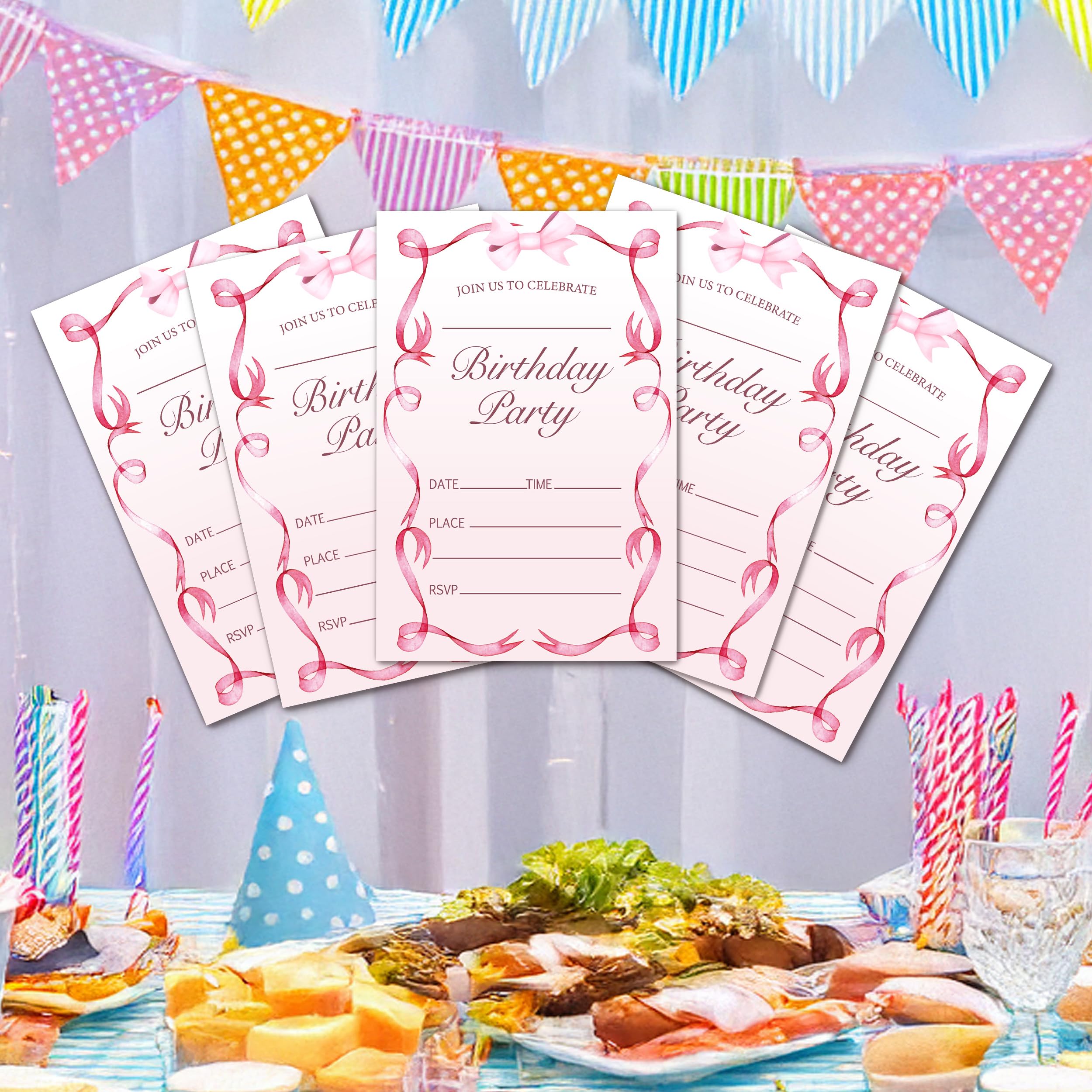 Cartes d'invitation à fête d'anniversaire avec nœud rose pour garçons et filles, cartes d'invitation modernes pour fête d'anniversaire décorations et fournitures, 20 invitations double face à
