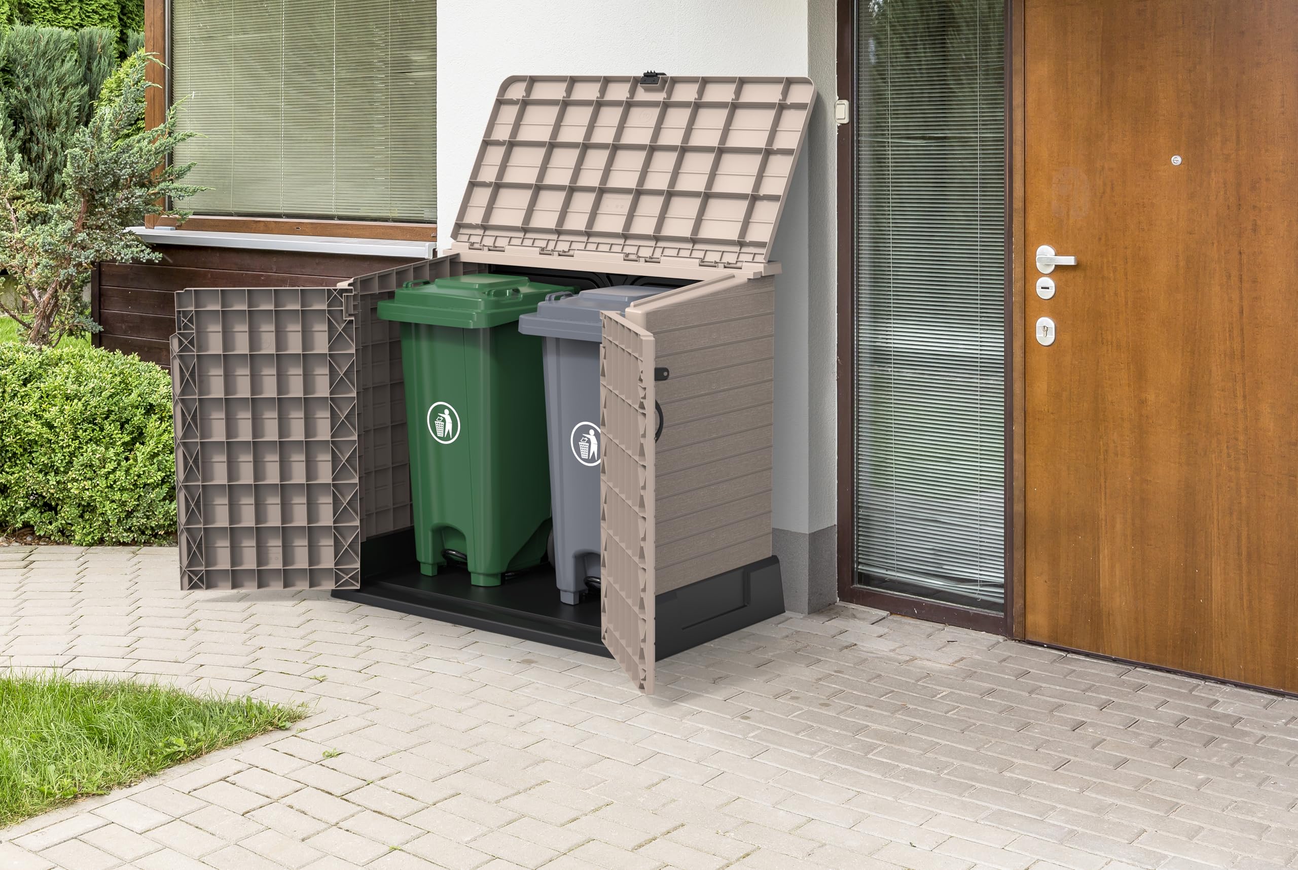 Duramax StoreAway 850L Plastic Garden Shed, Outdoor Storage Shed, Wheelie bin box, Wheelie Bin Hideaways, Durable Construction, Ideal for Tools, BBQs & 2x Garbage Bins, 130x74x110 cm, Warm Taupe