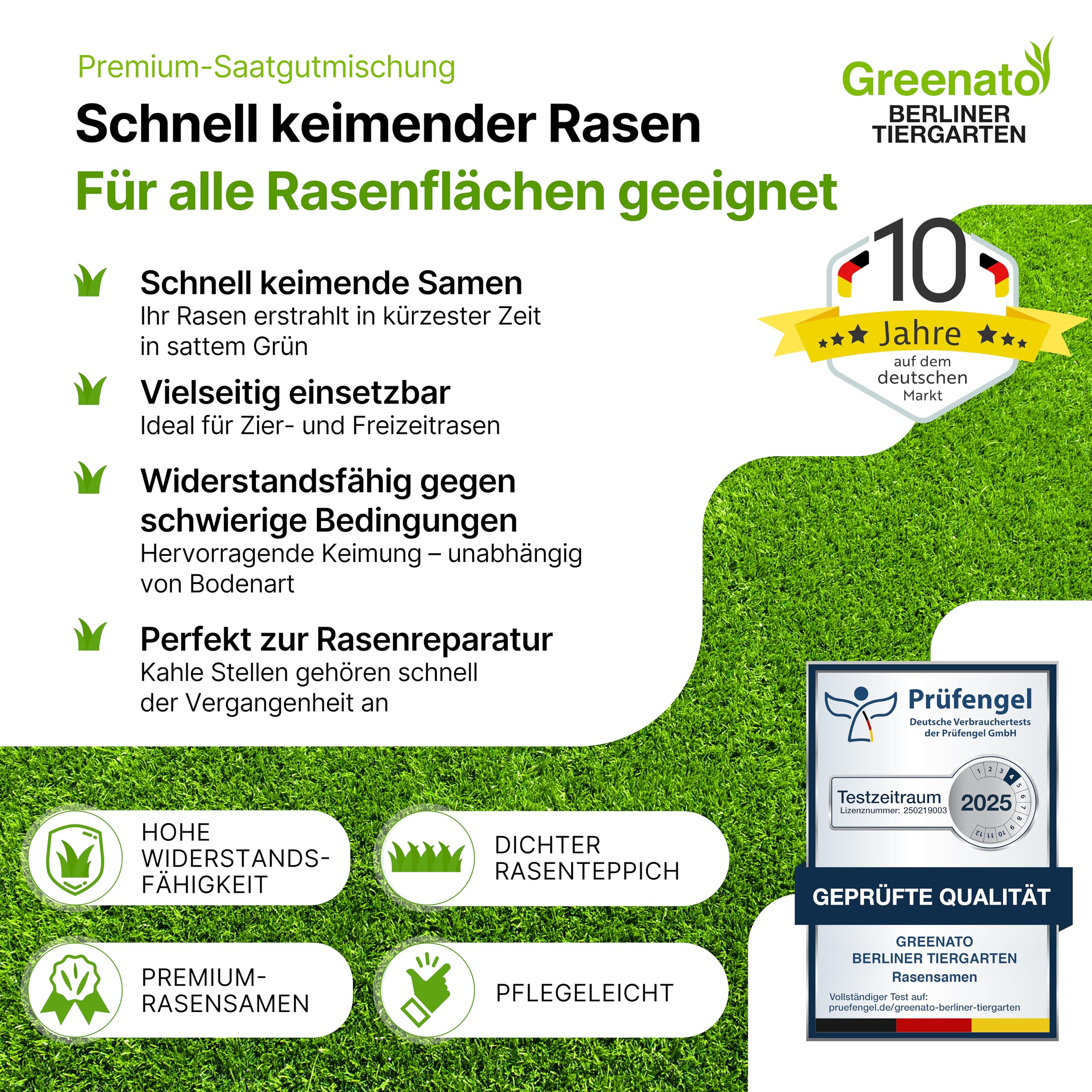 Semillas de césped Greenato Berliner Tiergarten 5kg Semillas de césped ornamental Césped Semillas de césped Hierba - Unidad de embalaje a elegir entre 1-30kg
