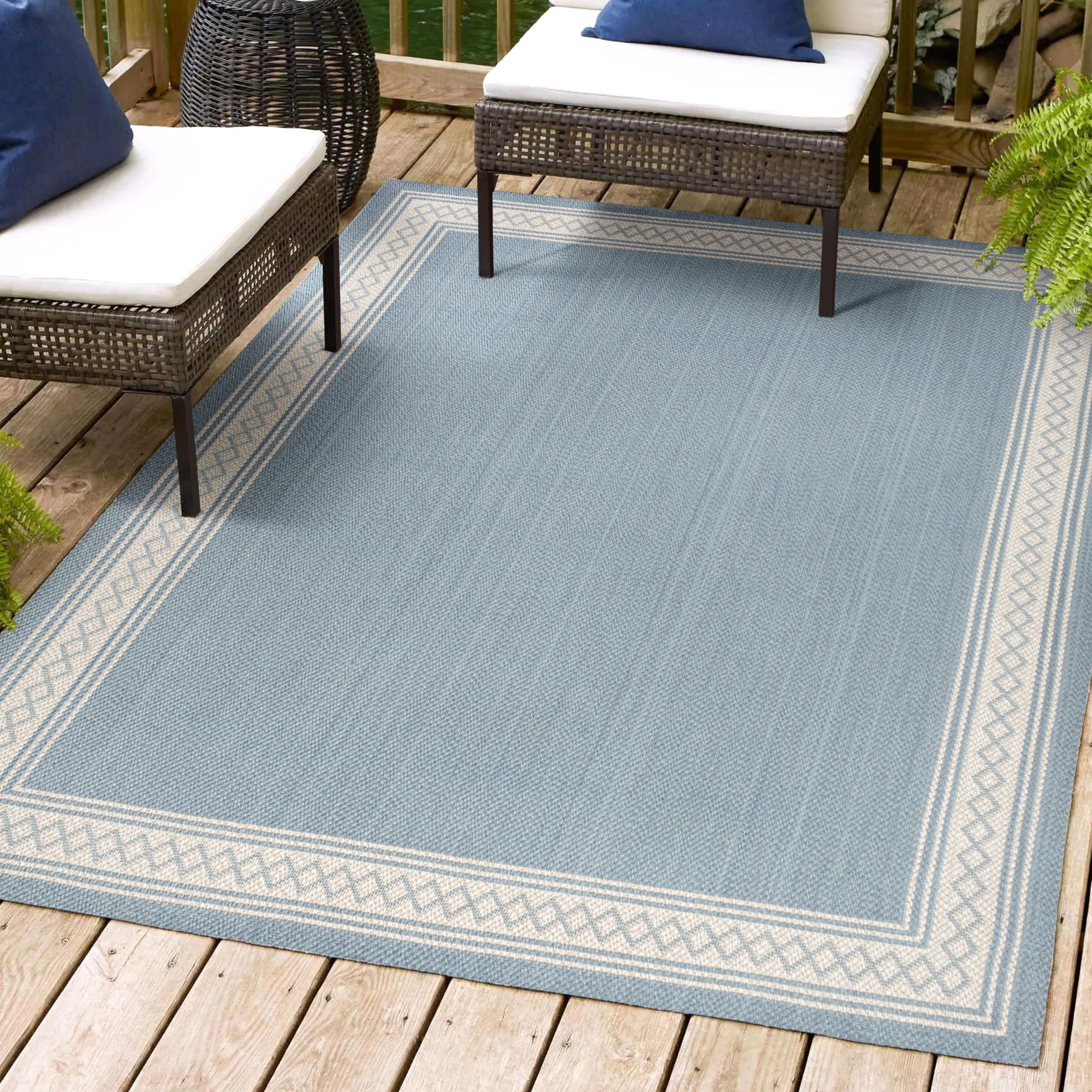 jonathan y smb207c-8 lucia classic diamond border indoor outdoor area rug, farmhouse, traditional, solid easy cleaning,bedroom,kitchen,backyard,patio,non shedding, blue/cream, 8 x 10