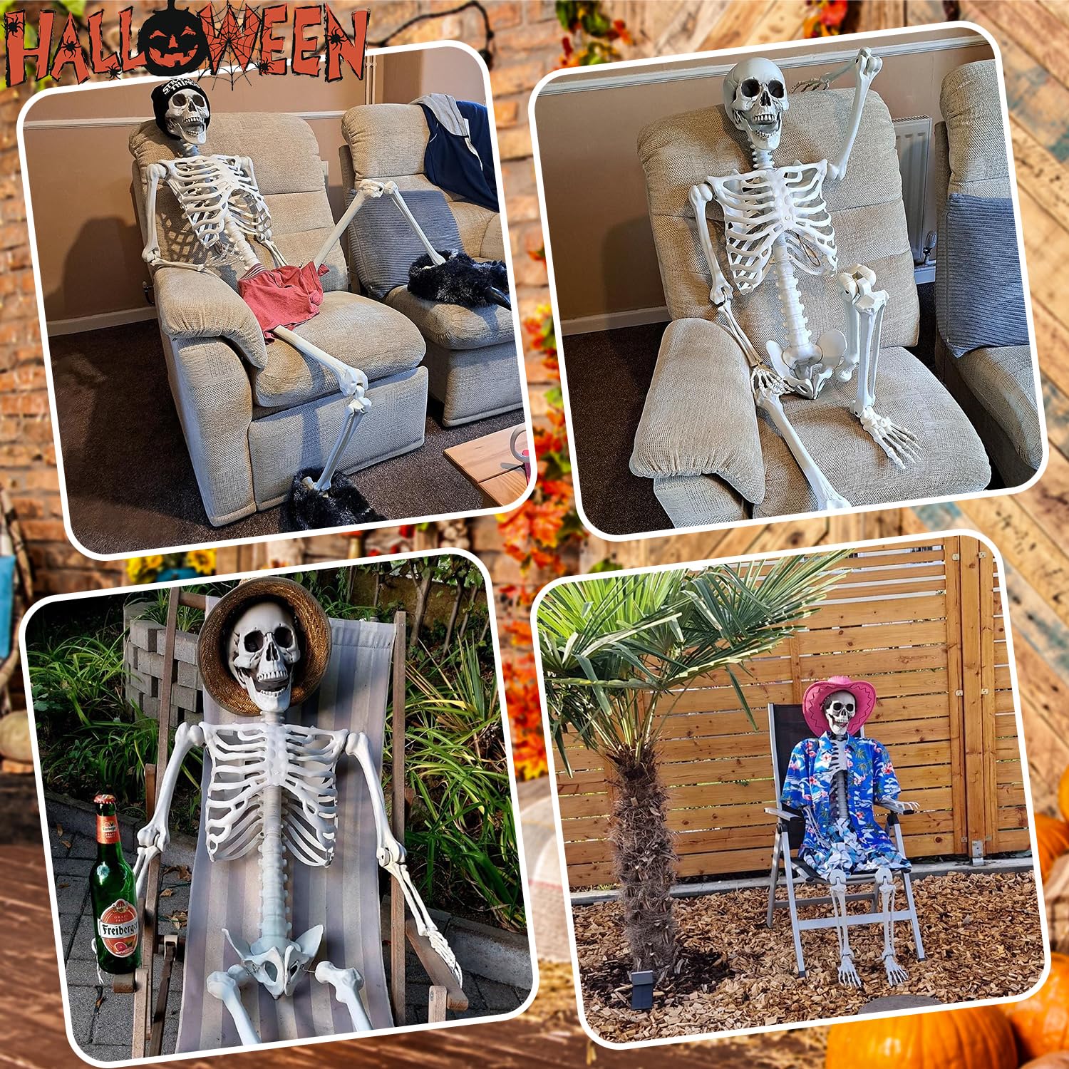 165cm Halloween Esqueleto de plástico Esqueleto Humano de tamaño Natural con Las articulaciones móviles para la decoración de la Fiesta de Halloween, 2 Piezas