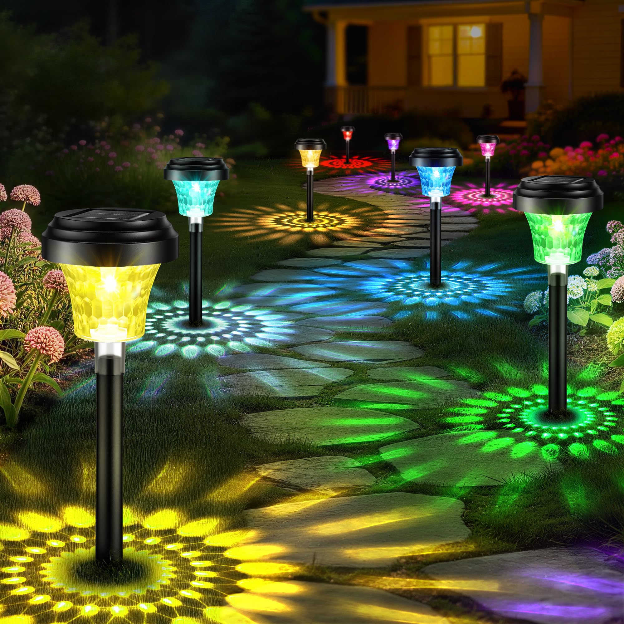 Lampe Solaire Exterieur Jardin 8 Pièces, Lumiere Solaire Exterieur avec Lumière Chaude et 7 Couleurs RVB, IP65 Étanche Eclairage Exterieur Solaire pour Chemins, Decoration Jardin Exterieur