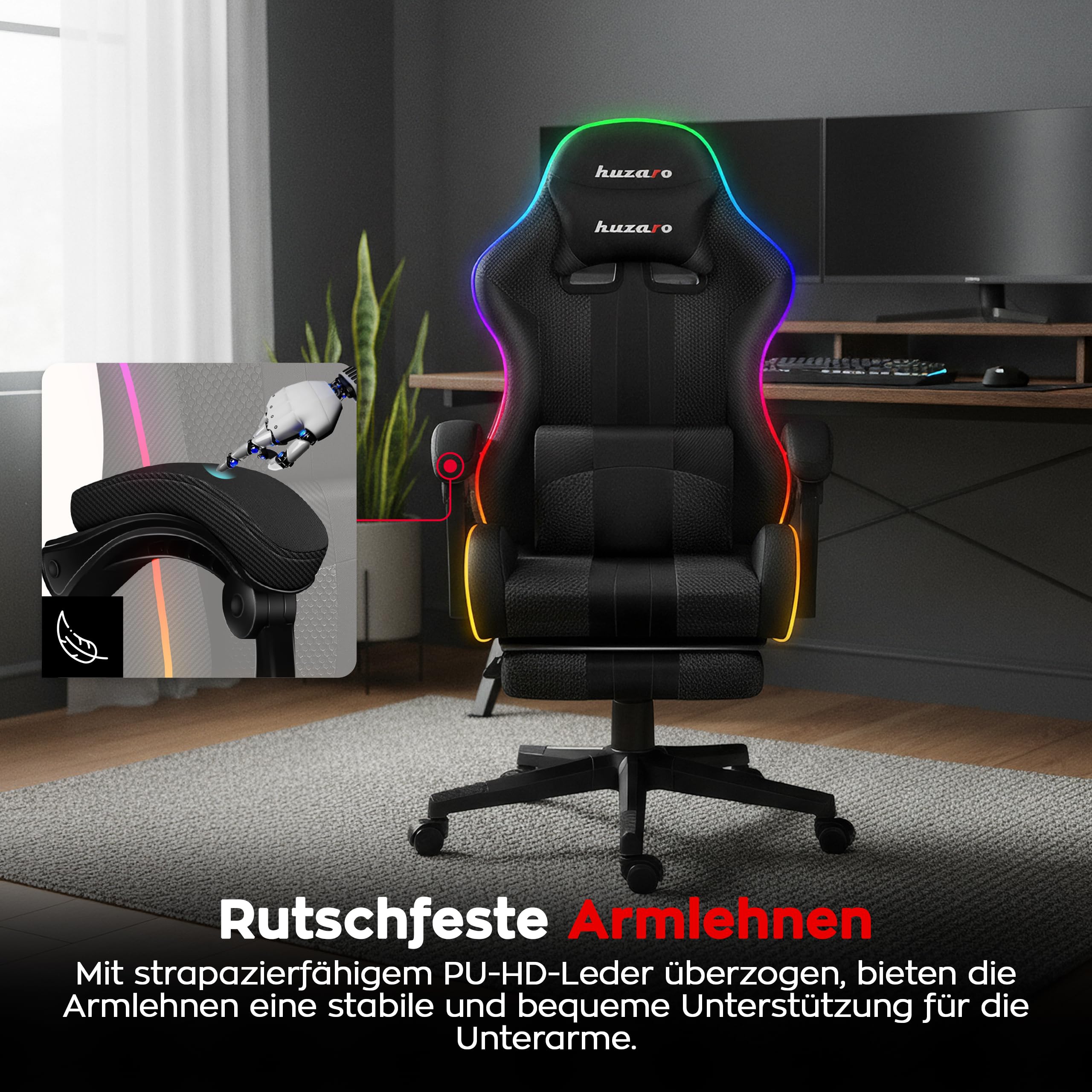 huzaro Force RGB Mesh, Gaming Stuhl Bürostuhl Computerstuhl PC Chair, ideal für Personen bis 185 cm, Kopfstütze Lendenkissen, Gamer Stuhl mit Fußstütze, Gamingstuhl 140 kg Belastbarkeit, Schwarz huzaro Force RGB Mesh, Gaming Stuhl Bürostuhl Computerstuhl PC Chair, ideal für Personen bis 185 cm, Kopfstütze Lendenkissen, Gamer Stuhl mit Fußstütze, Gamingstuhl 140 kg Belastbarkeit, Schwarz