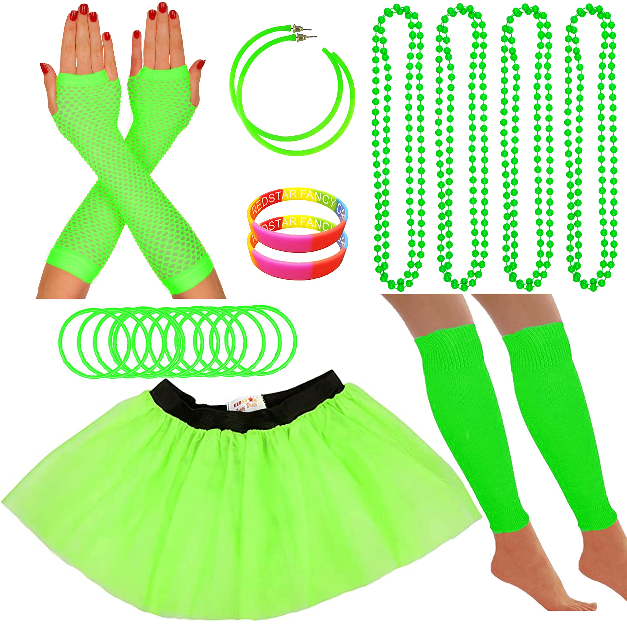 80s Fancy Dress Neon Accessories Tutu Party Costume, Adult Leg Warmers, Fishnet Gloves, 1980s Style Necklace Beads, Neon Hoop Earrings, Gummy Bracelets Womens Hen Party Rave Outfit (Green)