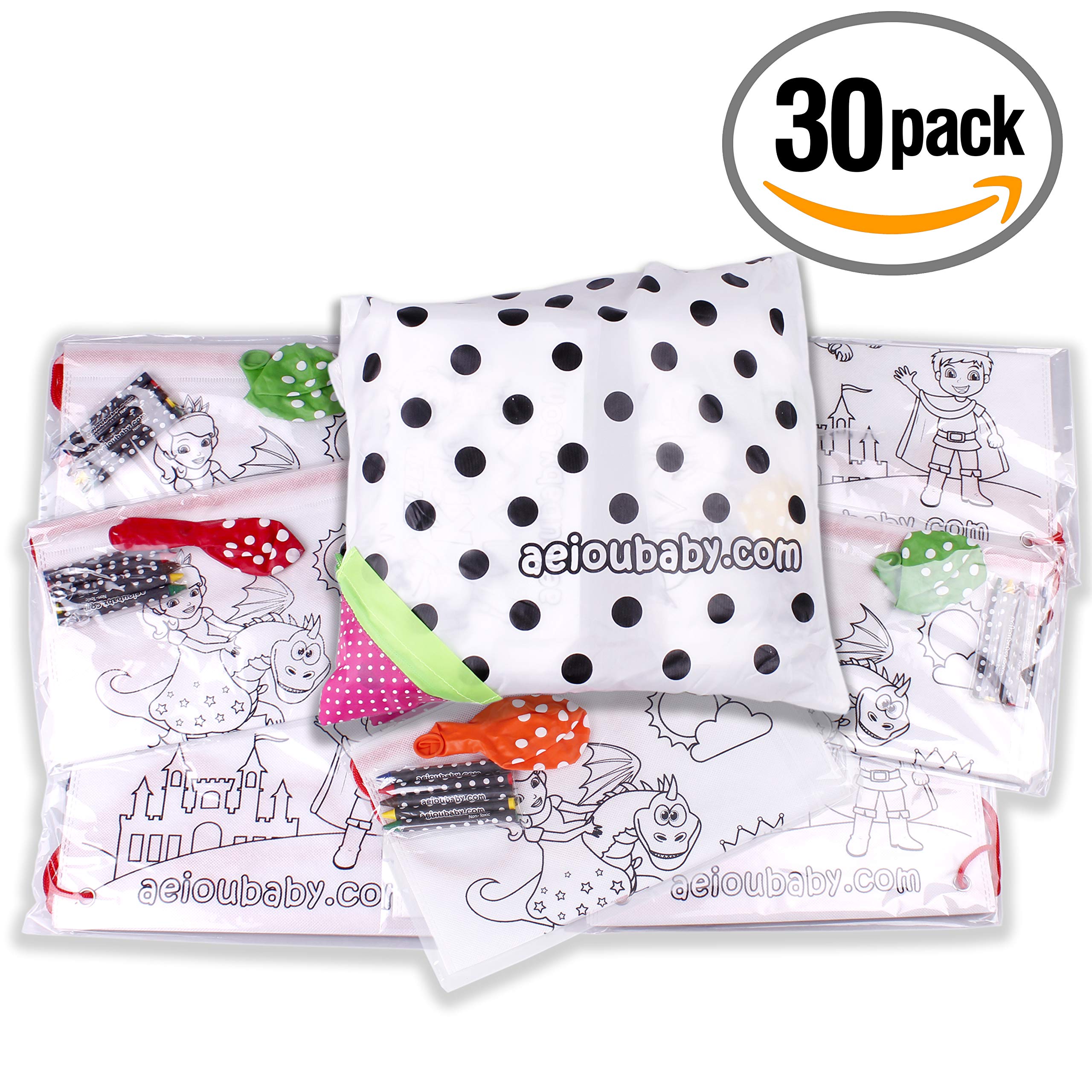 aeioubaby.com 30 Zainetti da Colorare + Borsa Riutilizzabile | 30 Bustine singole con 5 Colori a Cera e un Palloncino | Regalo per bambini per le feste e i compleanni (Favola)