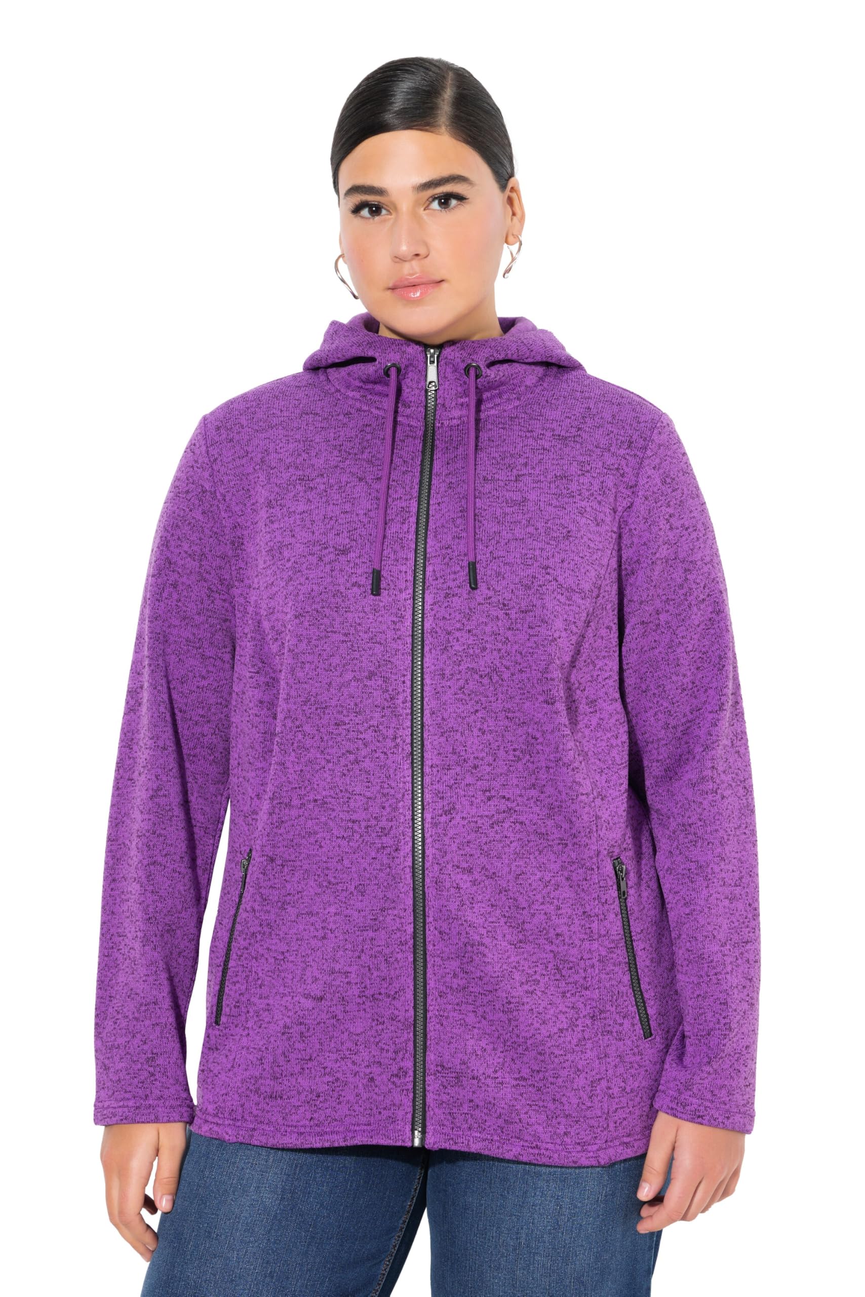Ulla Popken Damen große Größen Übergrößen Plus Size Strickfleece-Jacke, Kapuze, Reißverschlusstaschen 814634