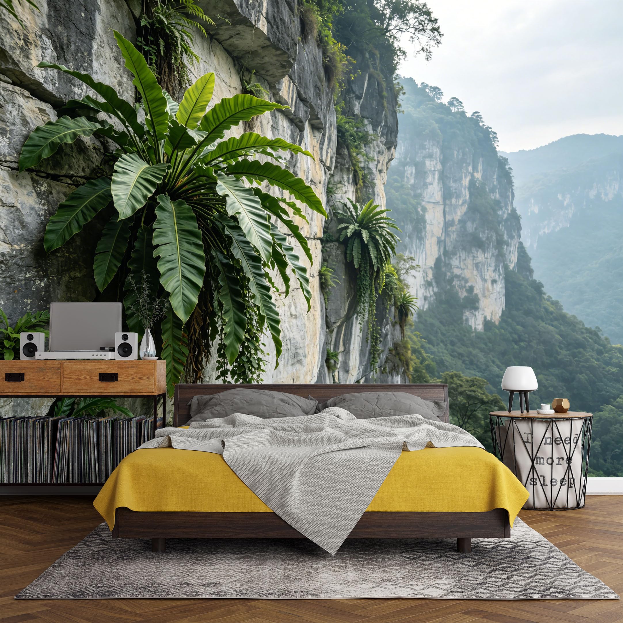 Custom Size Wall Mural， Jungle Cliff Ferns Mountain Valley Mist Landscape，SelfAdhesive Art Prints wall Fabric (No PVC) Removable Wallpaper Living Room Decor