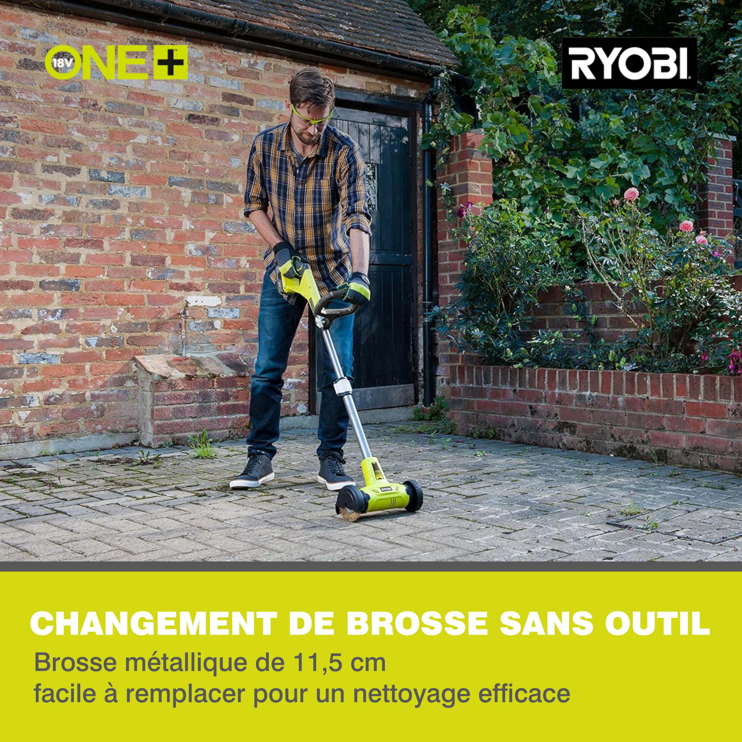 RYOBI - Nettoyeur de Joint 18V One+ RY18PCA-0 – Brosse Rotative métalique 11,5cm, Nettoyage Efficace Terrasse, Pierre, Escalier, Carrelage – Batterie Non Incluse