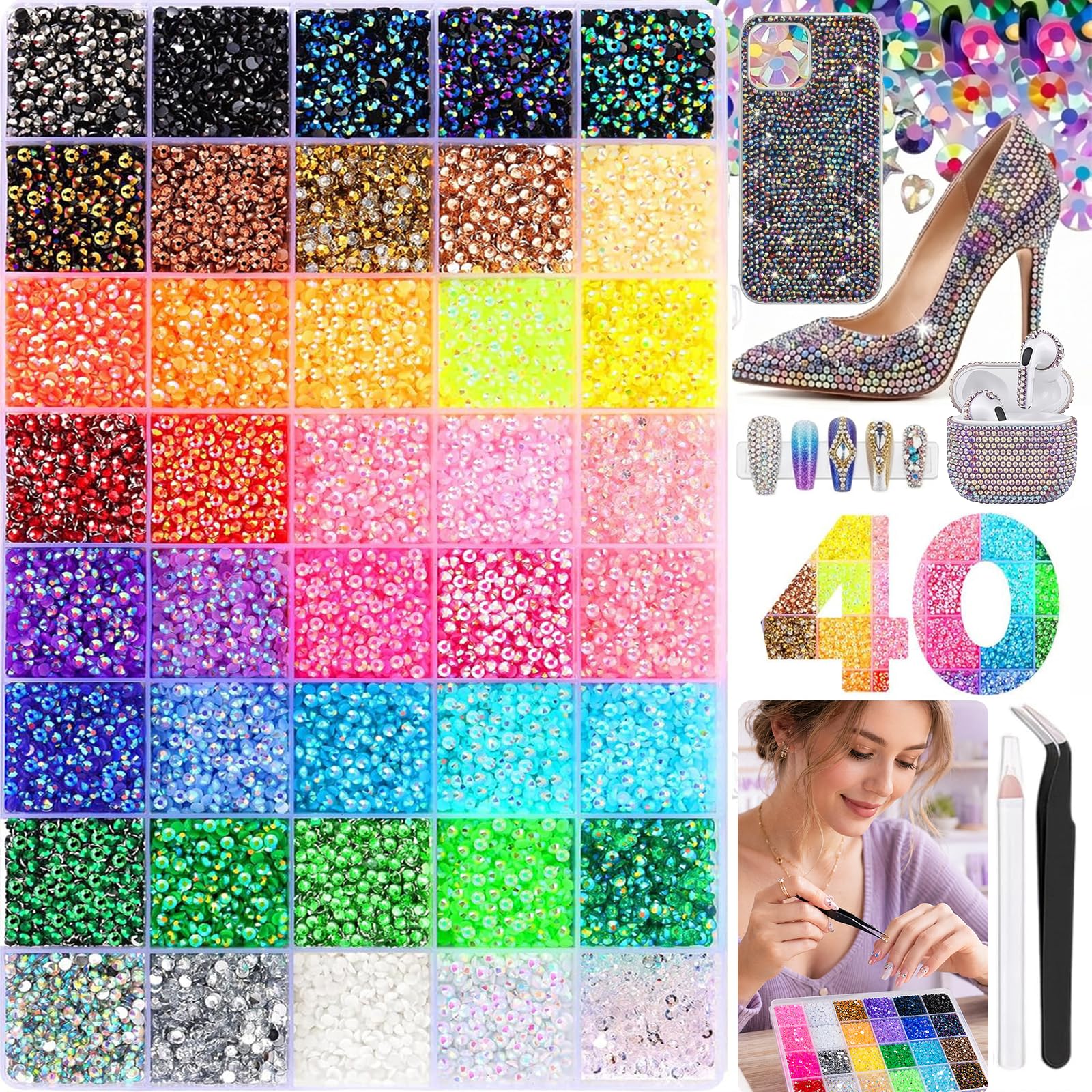 Bedazzling Kit Bedazzler Kit, 35000Pcs 40 Colors Jelly Rhinestones for Bedazzling, 3mm Resin Jelly Flatback Gems for Diamond Art with Tweezer Pickup Pen for Crafting,Clothes Shoes,Nail Art,Phone — image 1