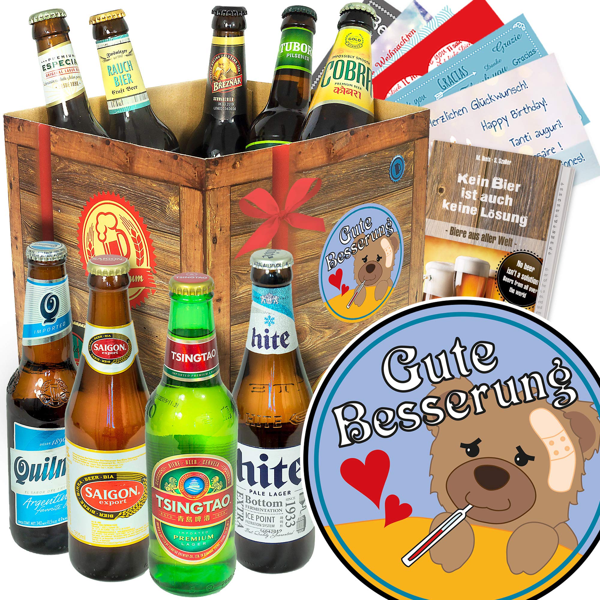 Gute Besserung: Das perfekte Geburtstagsgeschenk – 9er Premium Bier Tasting + Bierbuch + Bewertungsbogen + 6x Geschenkkarten