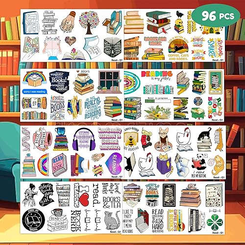 Miniatura 2 de (96 piezas) Divertidos libros de lectura, tatuajes temporales de nerd, suministros de fiesta temática de cumpleaños, decoraciones de regalos, lindas